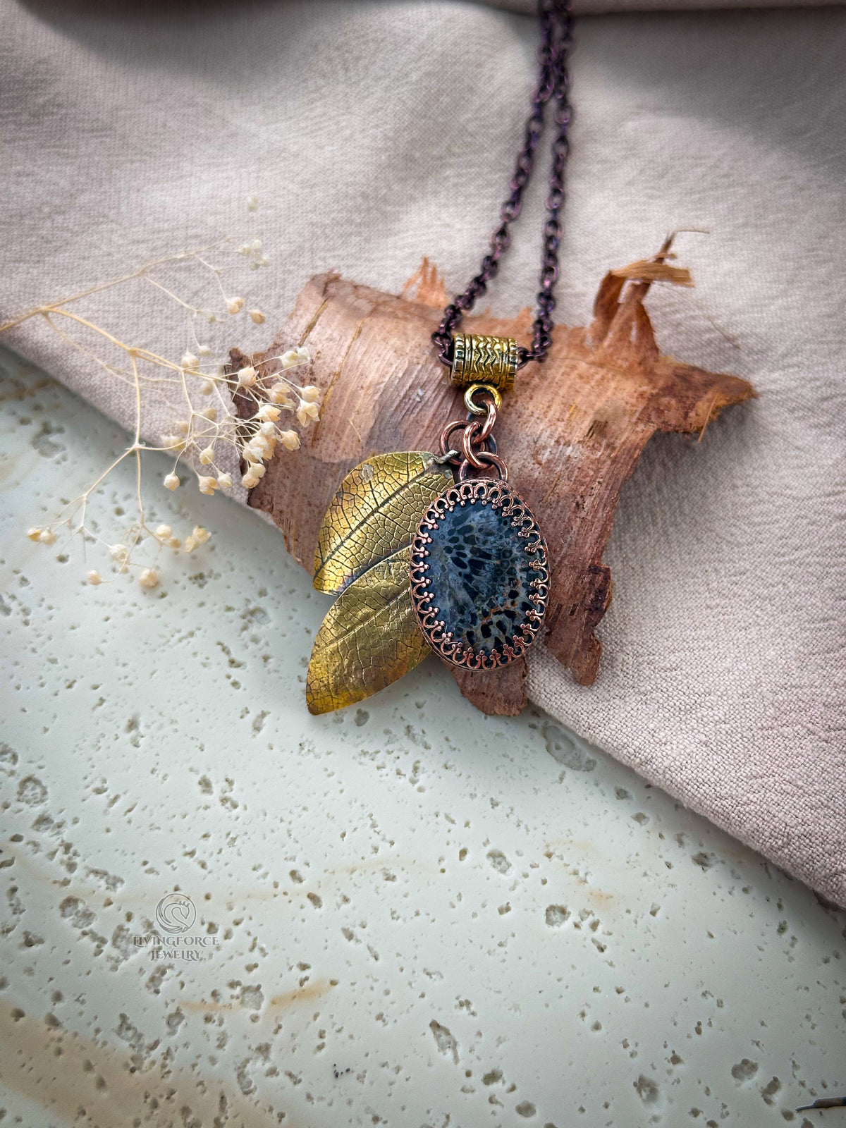 Earth Remembers Black Fossil Coral set, pendant and earrings