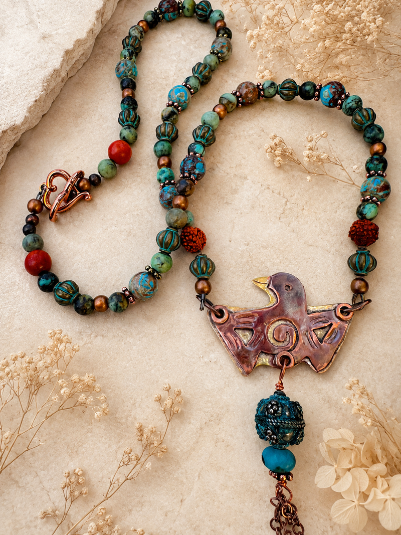 Songkeeper Talisman- Copper Bird & Green Turquoise Necklace