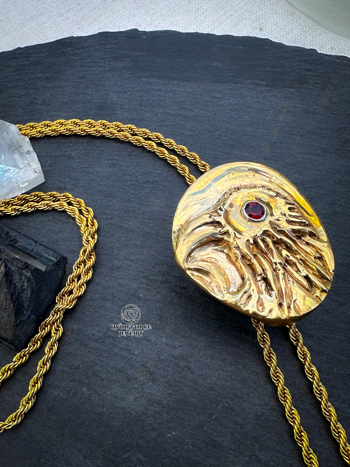 Raven’s Eye Bolo Necklace - Bronze, Brass, Sterling Silver & Garnet
