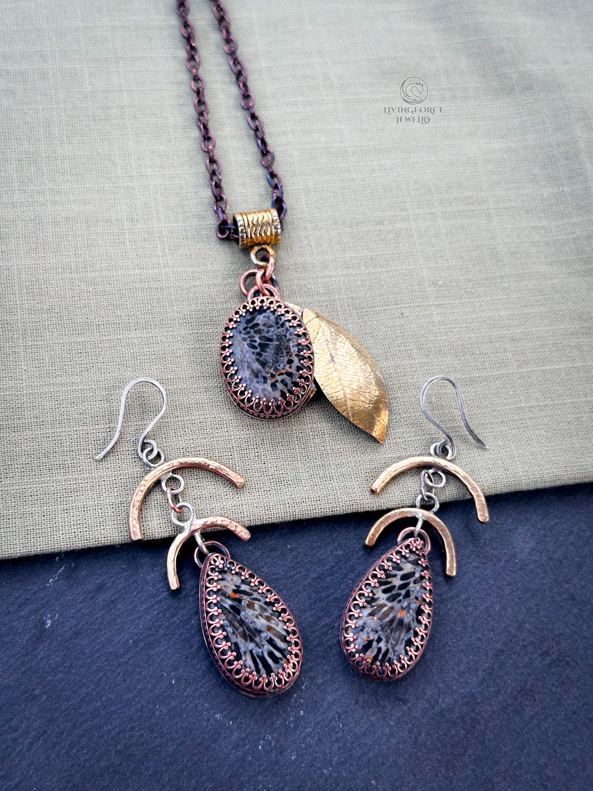 Earth Remembers Black Fossil Coral set, pendant and earrings