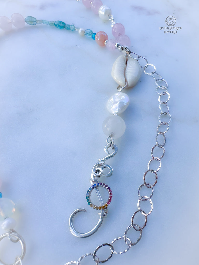 Ocean whisper — One-of-a-Kind Convertible Aquamarine, Rose Quartz and Sterling Silver Lariat