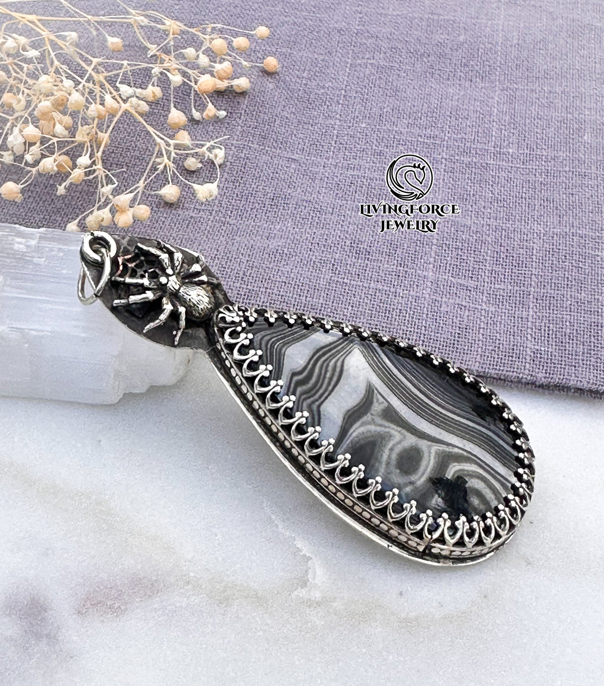 Silken Wisdom Talisman, Psilomelane in Sterling Silver Pendant