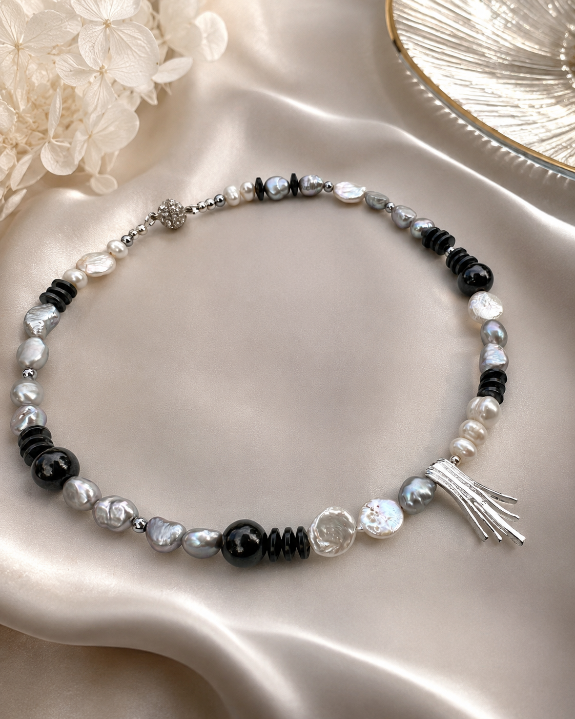 Moonlight Pearl, Hematite & Sterling Silver Necklace