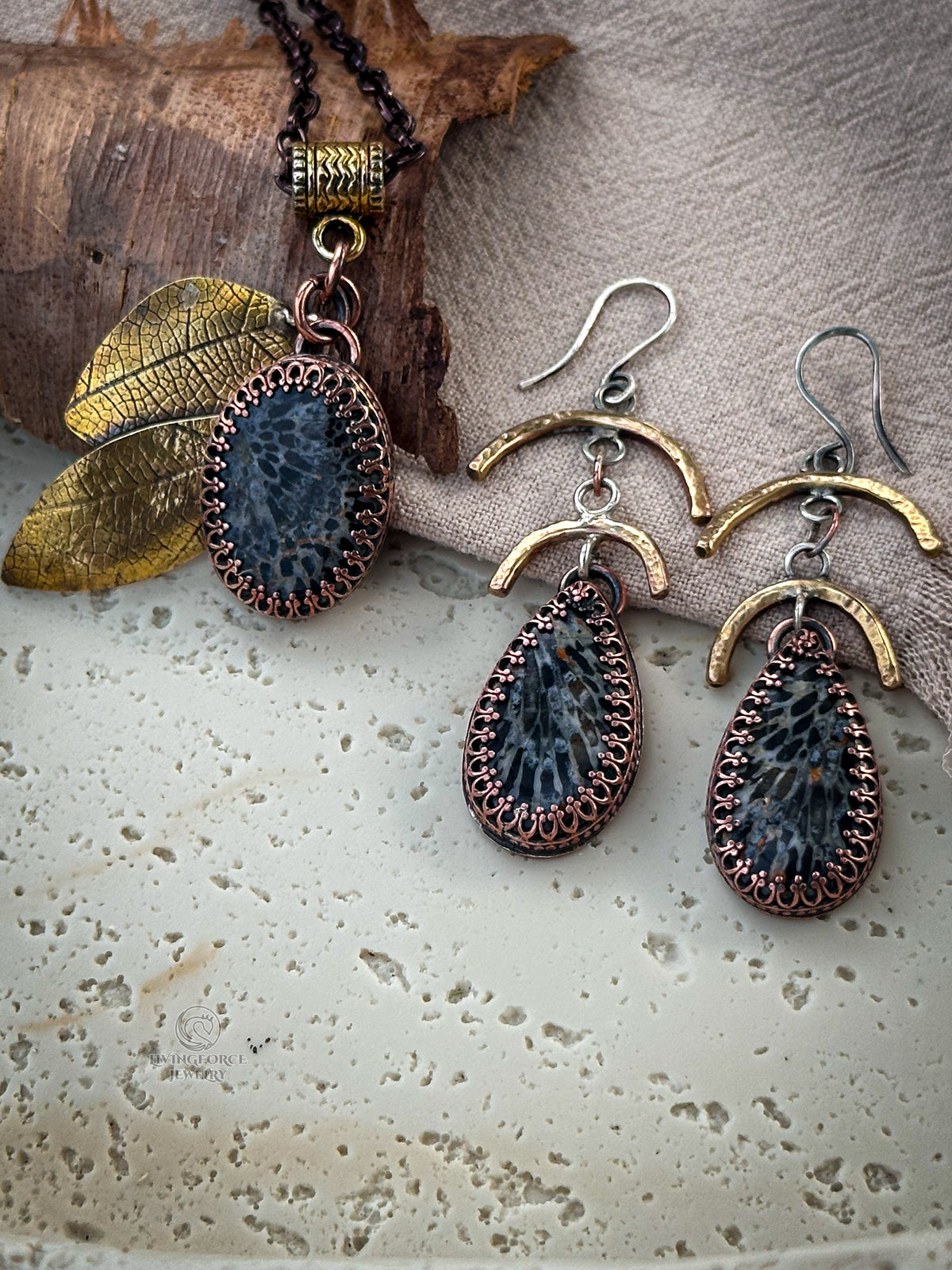 Earth Remembers Black Fossil Coral set, pendant and earrings