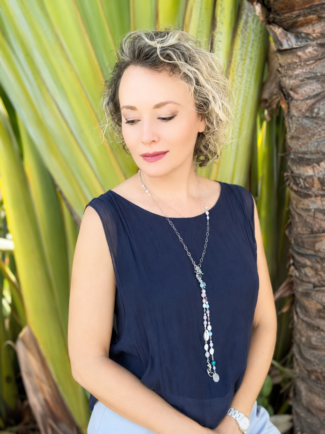 Ocean whisper — One-of-a-Kind Convertible Aquamarine, Rose Quartz and Sterling Silver Lariat