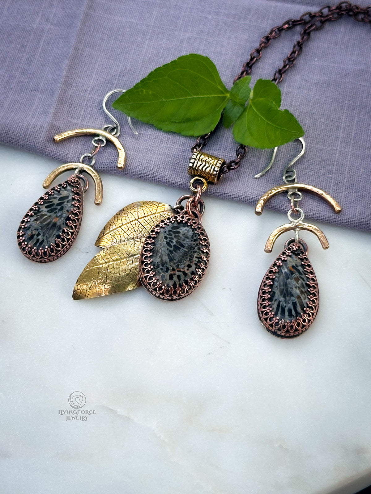 Earth Remembers Black Fossil Coral set, pendant and earrings