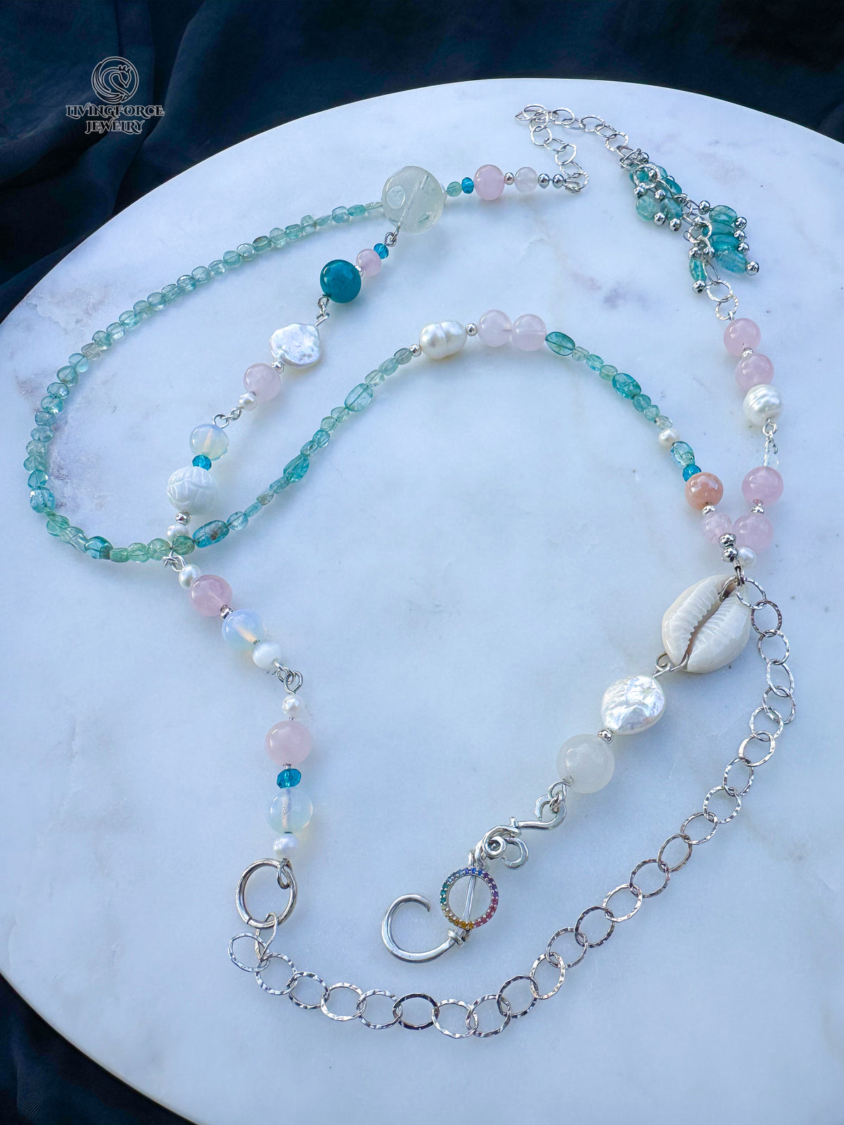 Ocean whisper — One-of-a-Kind Convertible Aquamarine, Rose Quartz and Sterling Silver Lariat