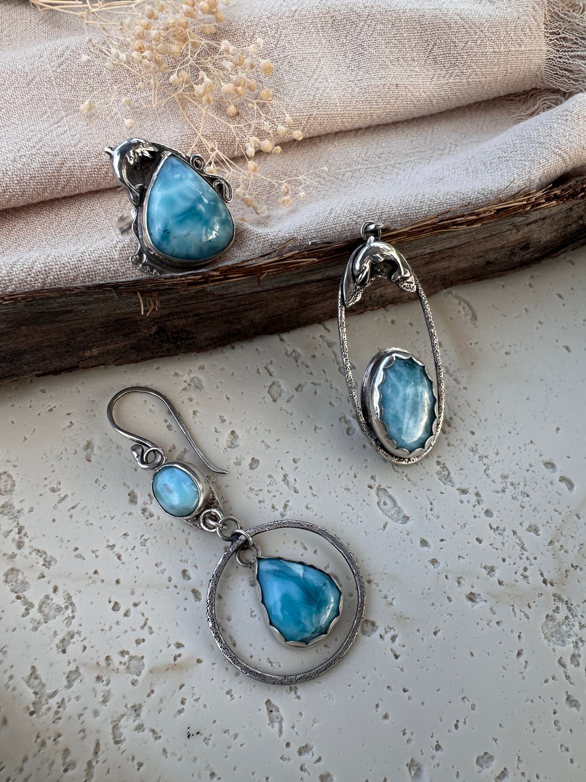 Marisol Talisman — Asymmetrical Larimar Earrings in Sterling Silver
