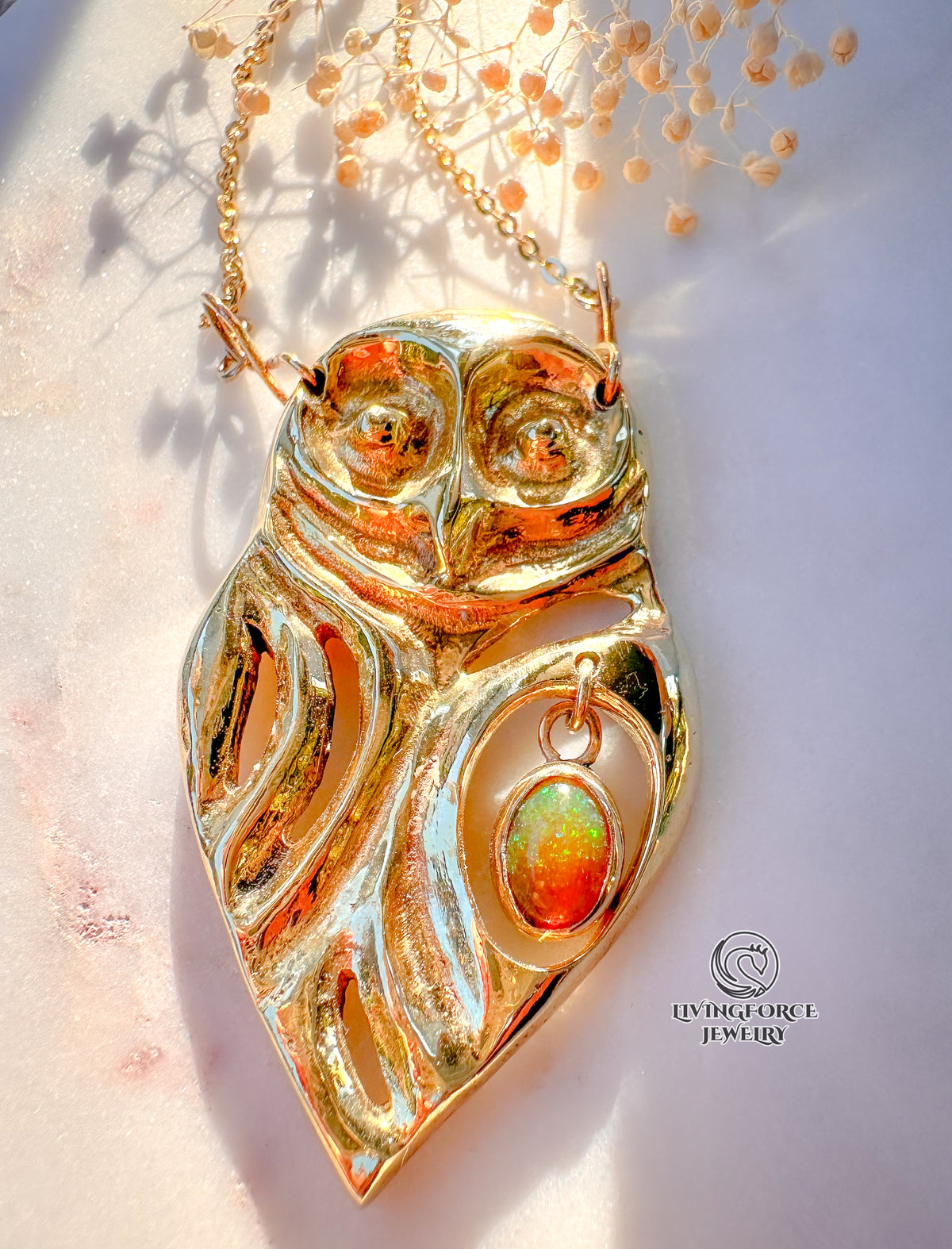 ARIOS | The Guardian of Harmony | Kinetic Brass Owl Pendant with Ethiopian Opal