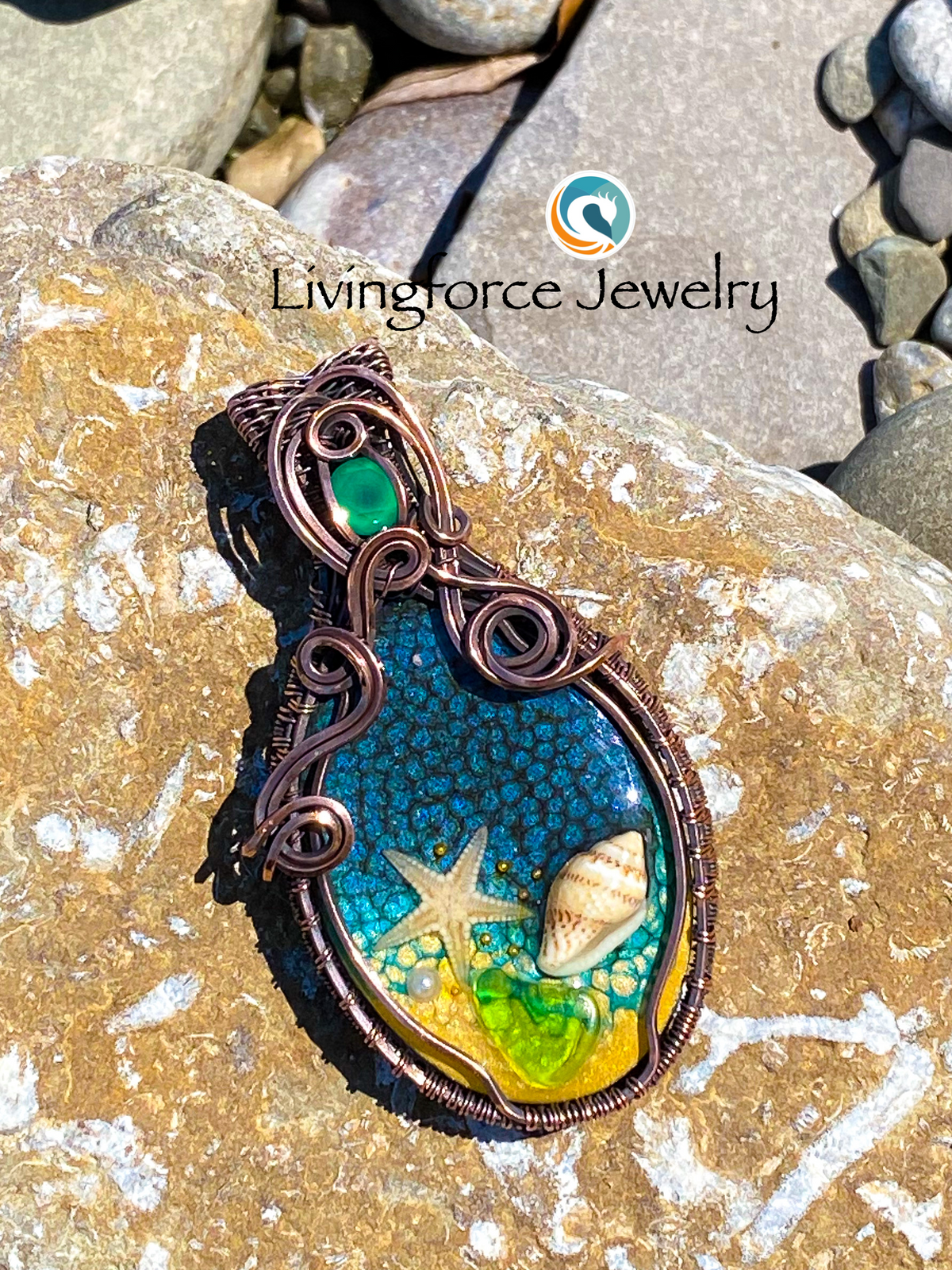 Deniz Talisman, Epoxy Resin & Green Onyx Pendant