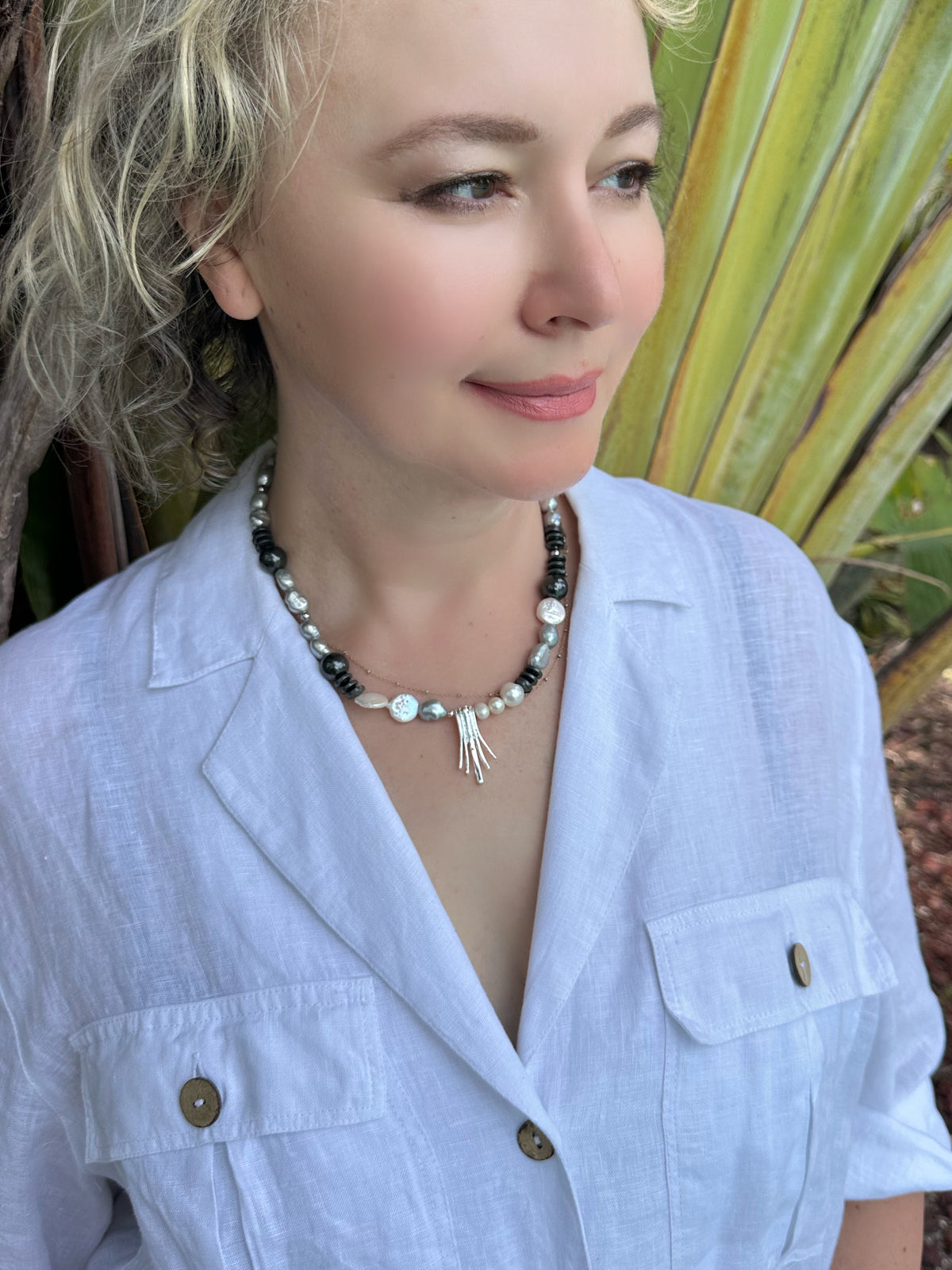 Moonlight Pearl, Hematite & Sterling Silver Necklace