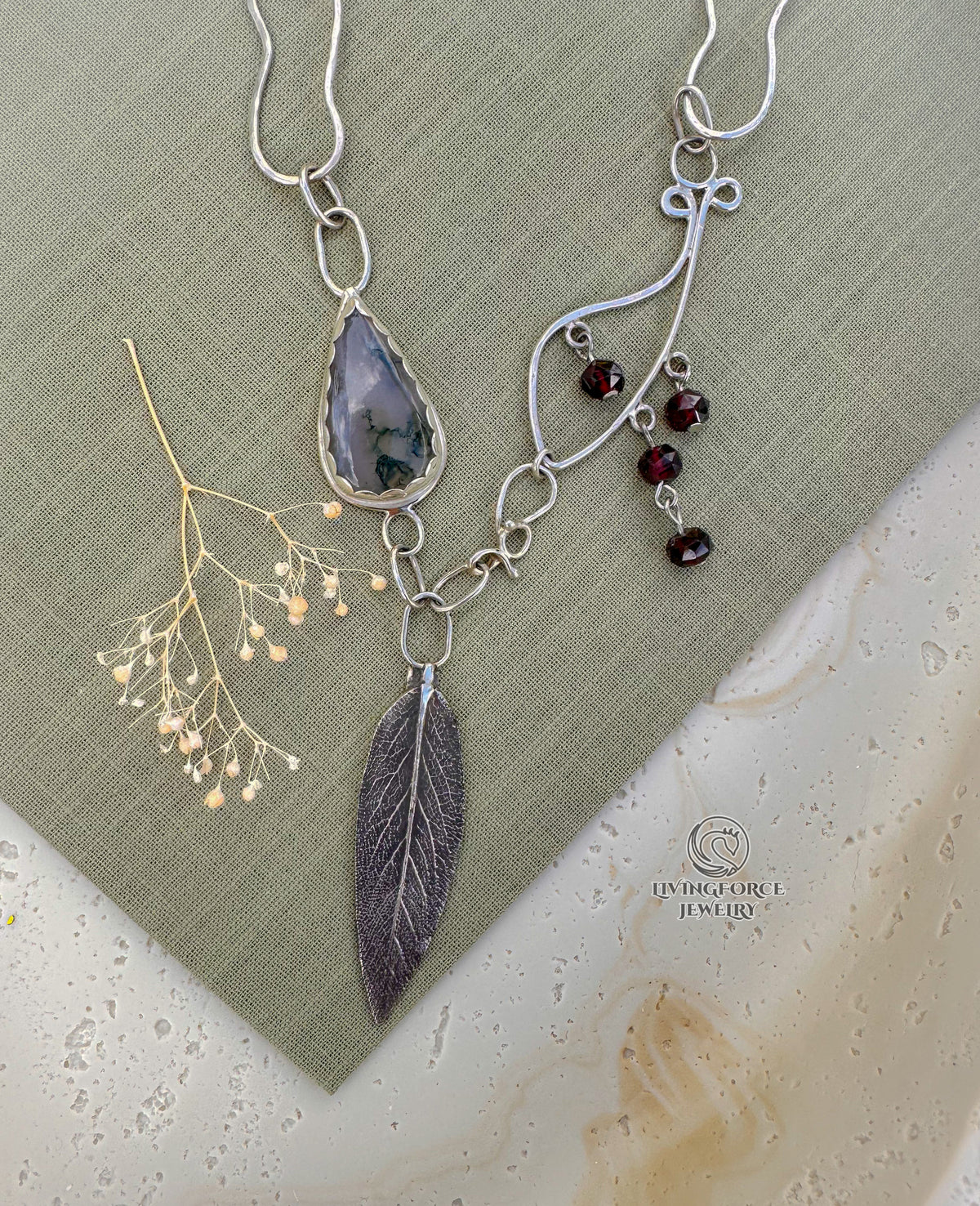 Liora Talisman, Sage Necklace, Moss agate in Silver