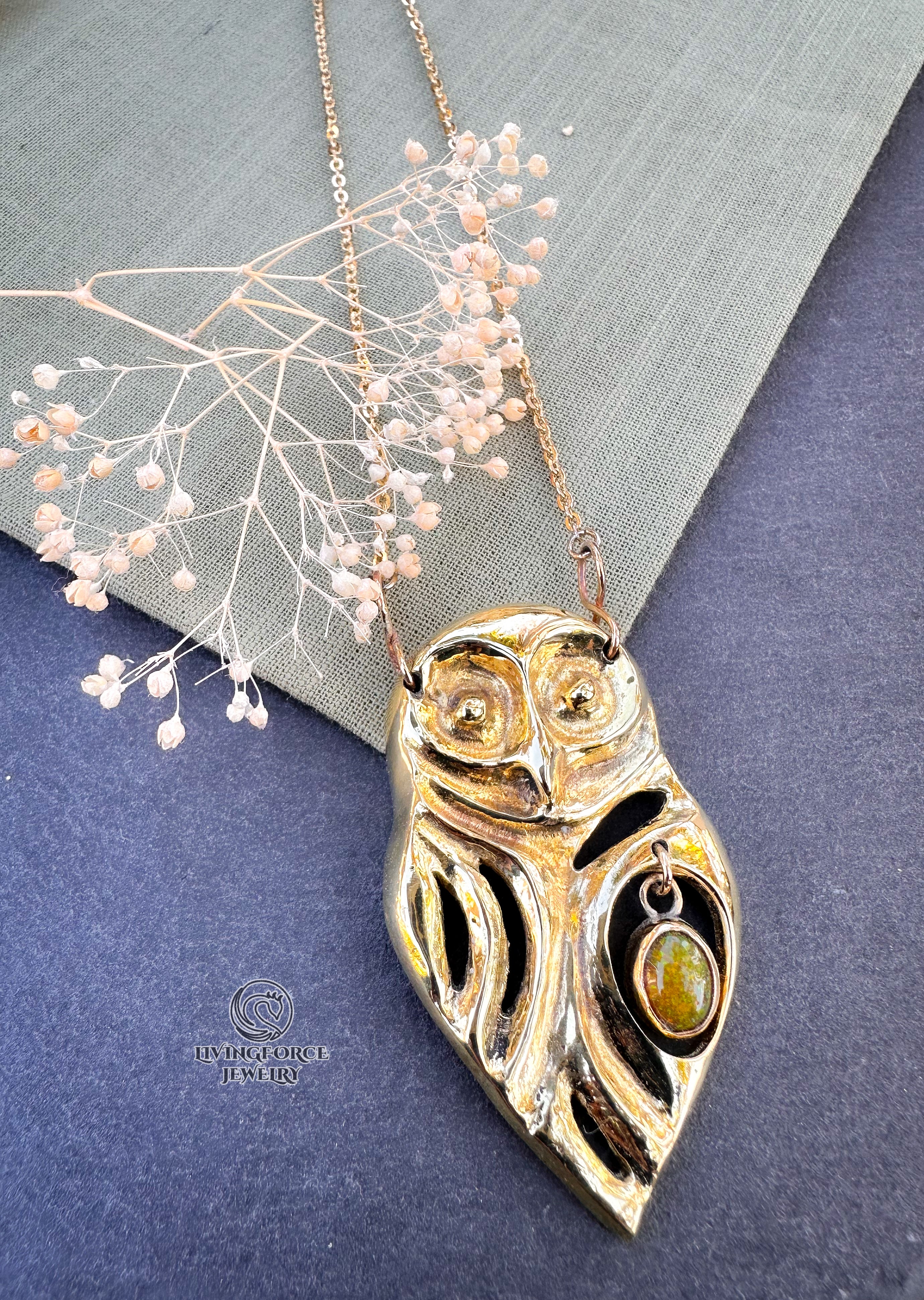 ARIOS | The Guardian of Harmony | Kinetic Brass Owl Pendant with Ethiopian Opal
