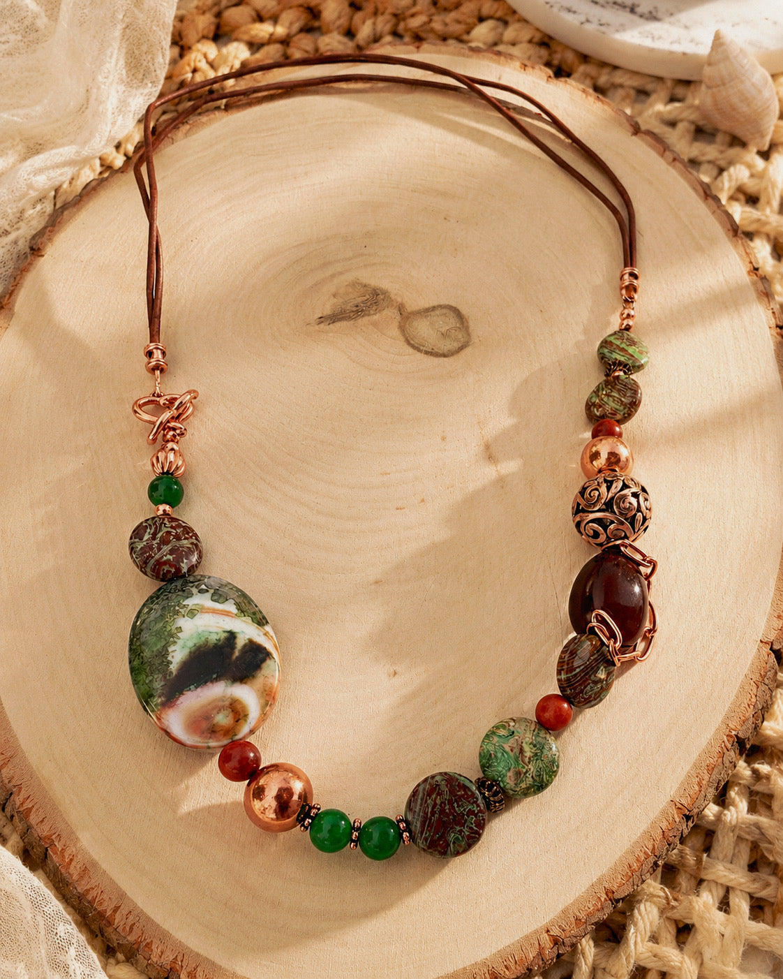 Forest Path Necklace

Jade, jasper, agate, wood, copper, and leather