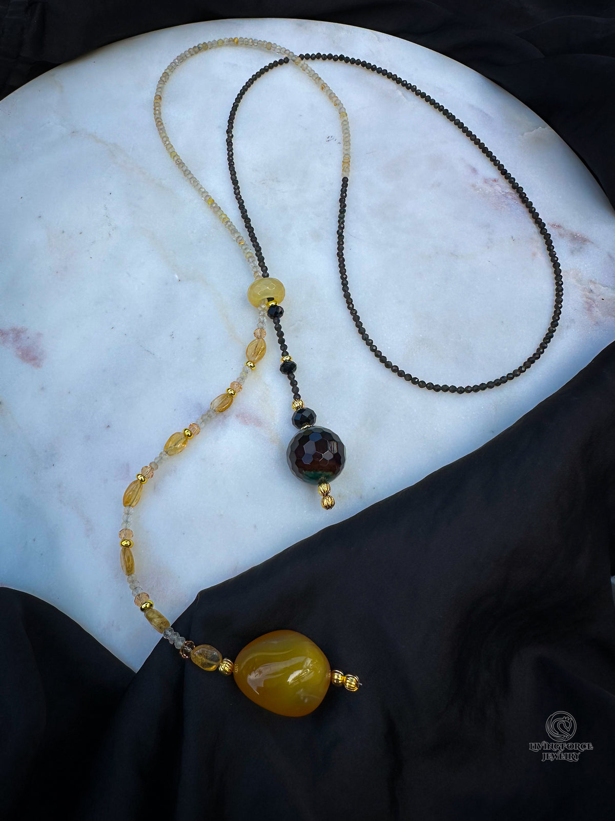 Night and Day – Long Citrine & Black Obsidian Lariat Necklace