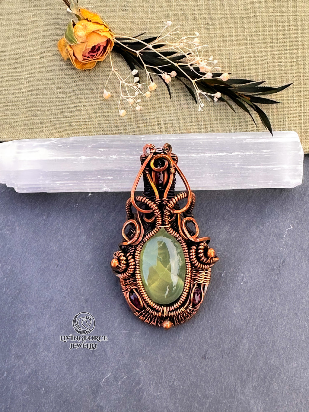 Melody Talisman, Prehnite & Pink Tourmaline Pendant