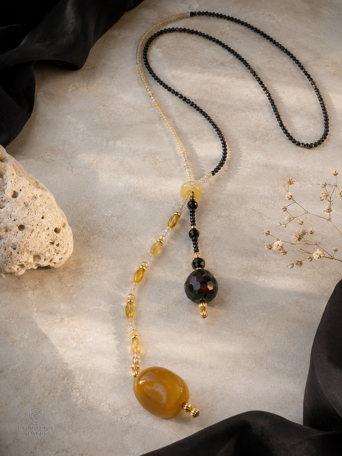 Night and Day – Long Citrine & Black Obsidian Lariat Necklace