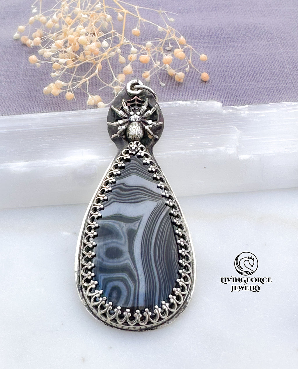 Silken Wisdom Talisman, Psilomelane in Sterling Silver Pendant