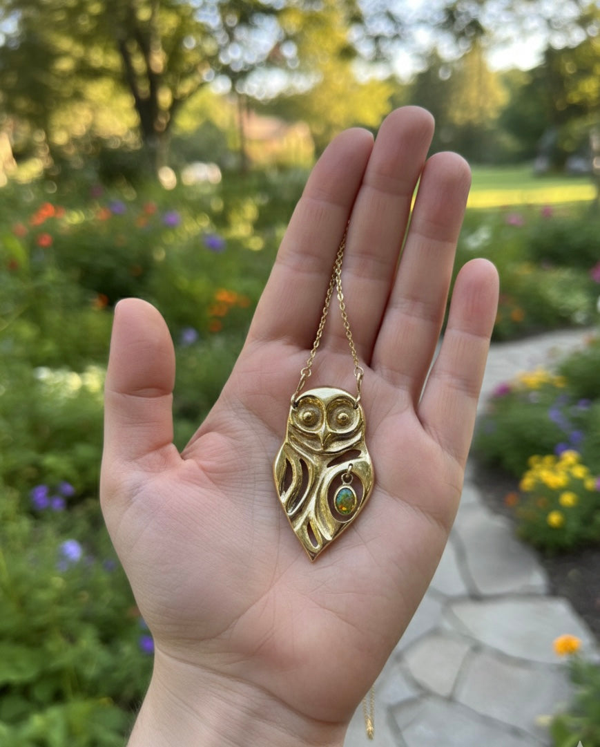 ARIOS | The Guardian of Harmony | Kinetic Brass Owl Pendant with Ethiopian Opal