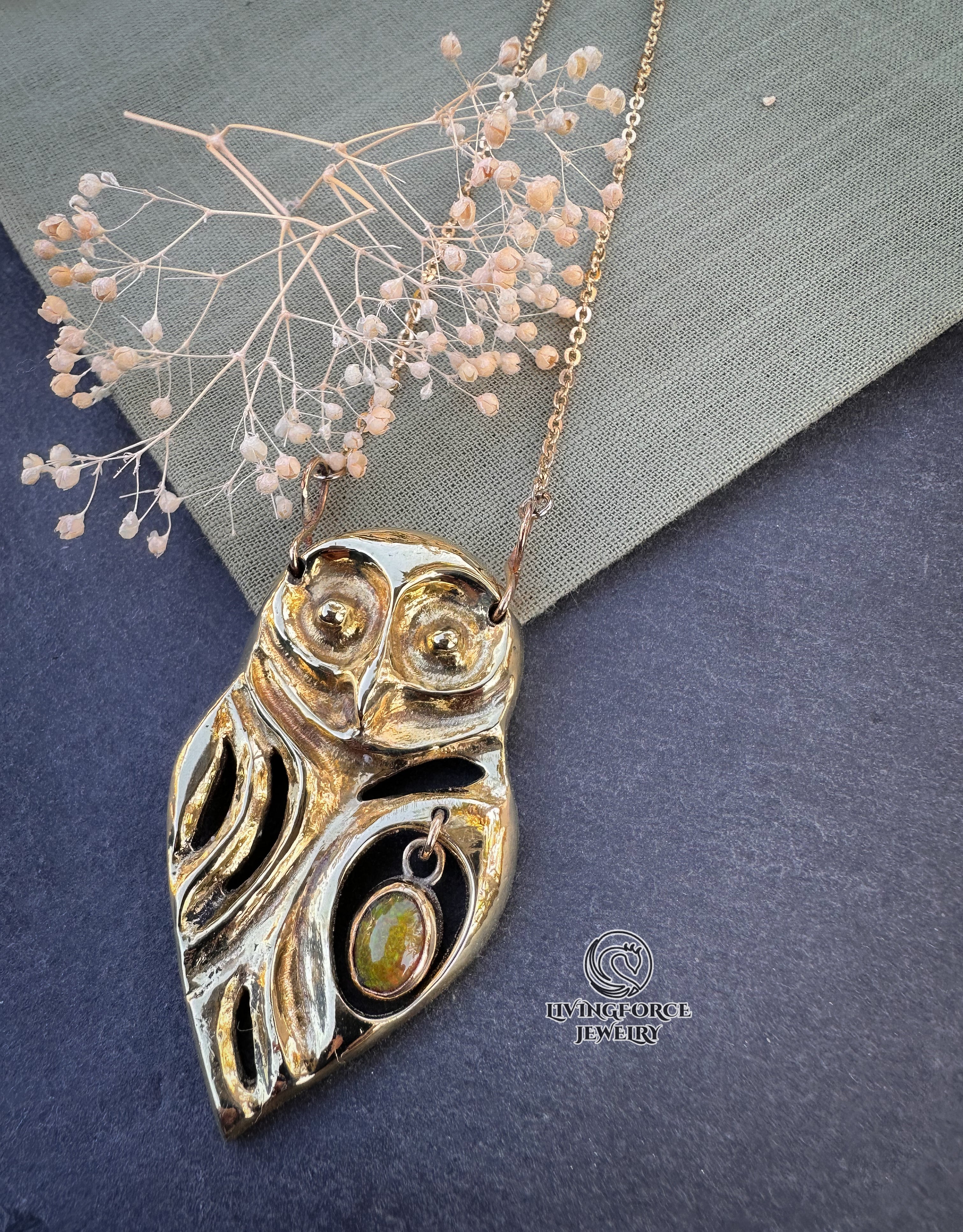 ARIOS | The Guardian of Harmony | Kinetic Brass Owl Pendant with Ethiopian Opal