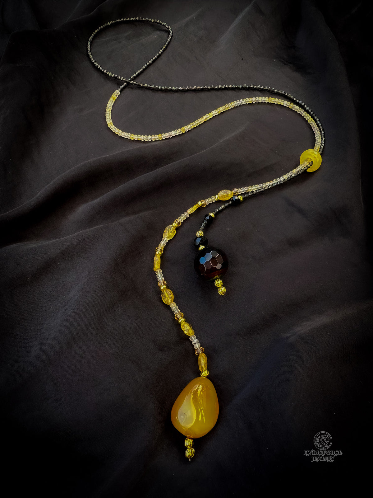 Night and Day – Long Citrine & Black Obsidian Lariat Necklace