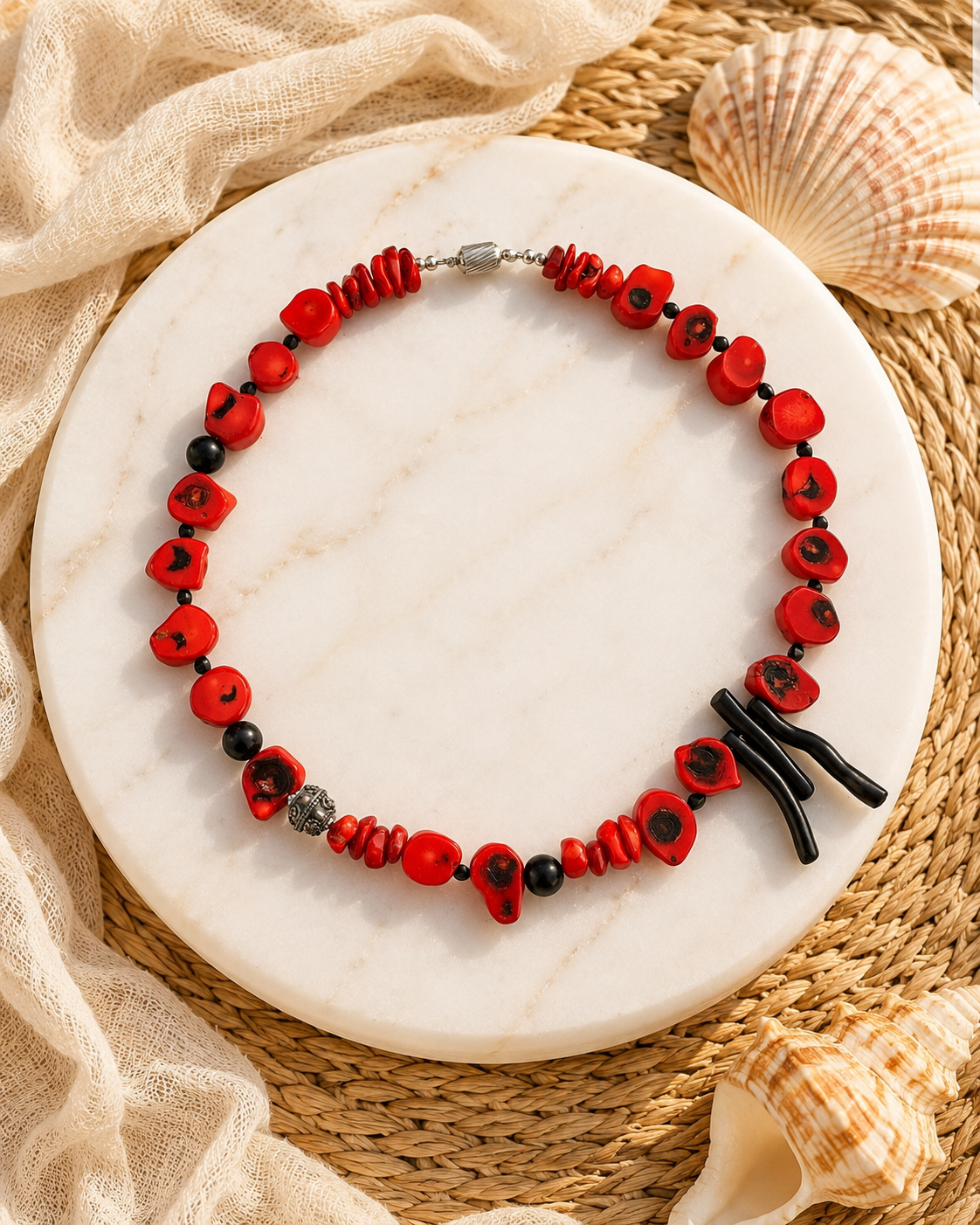 Red Island Coral & Onyx Necklace