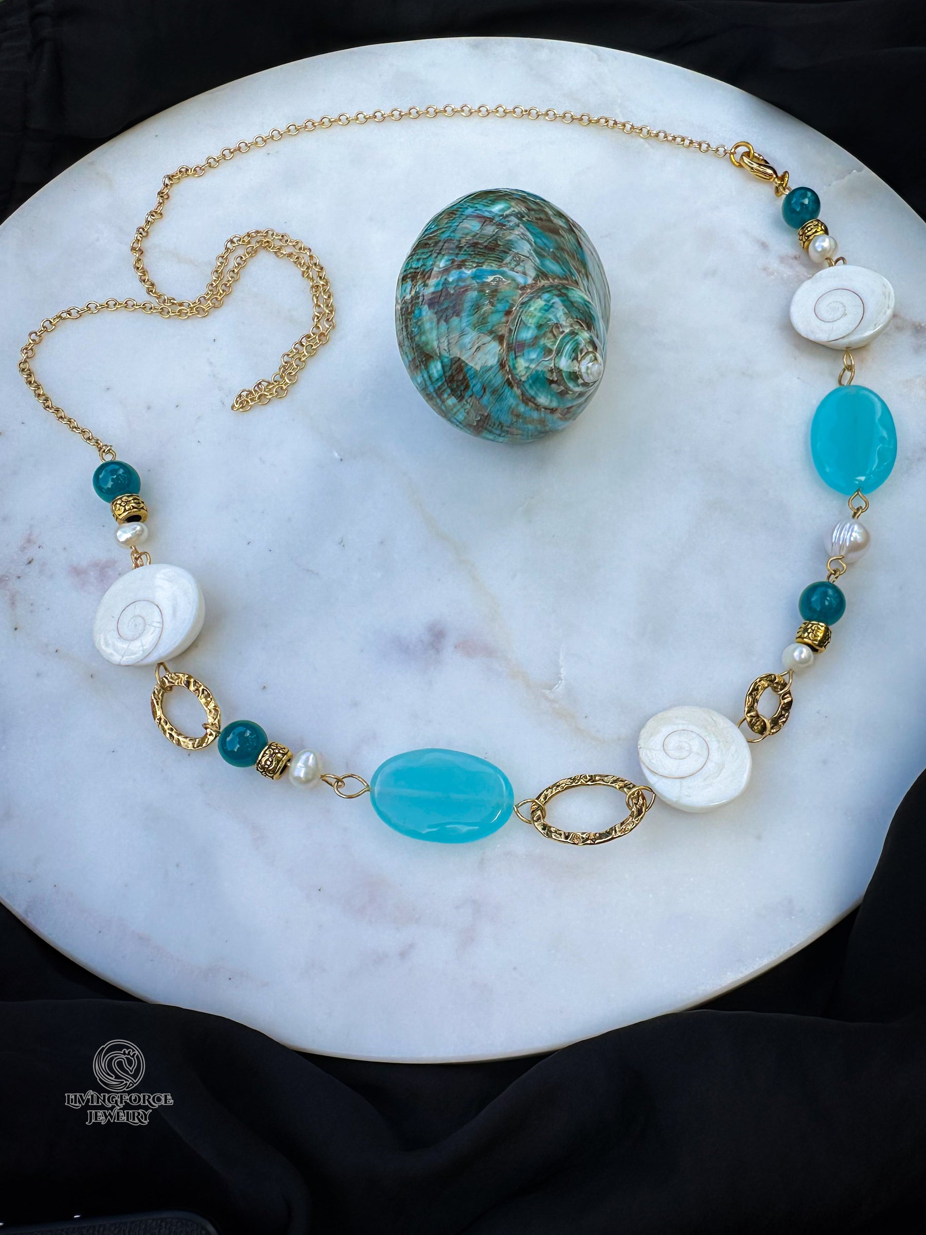 Sea Spell — One-of-a-Kind Shiva Eye Shell, Agate and Pearl Necklace