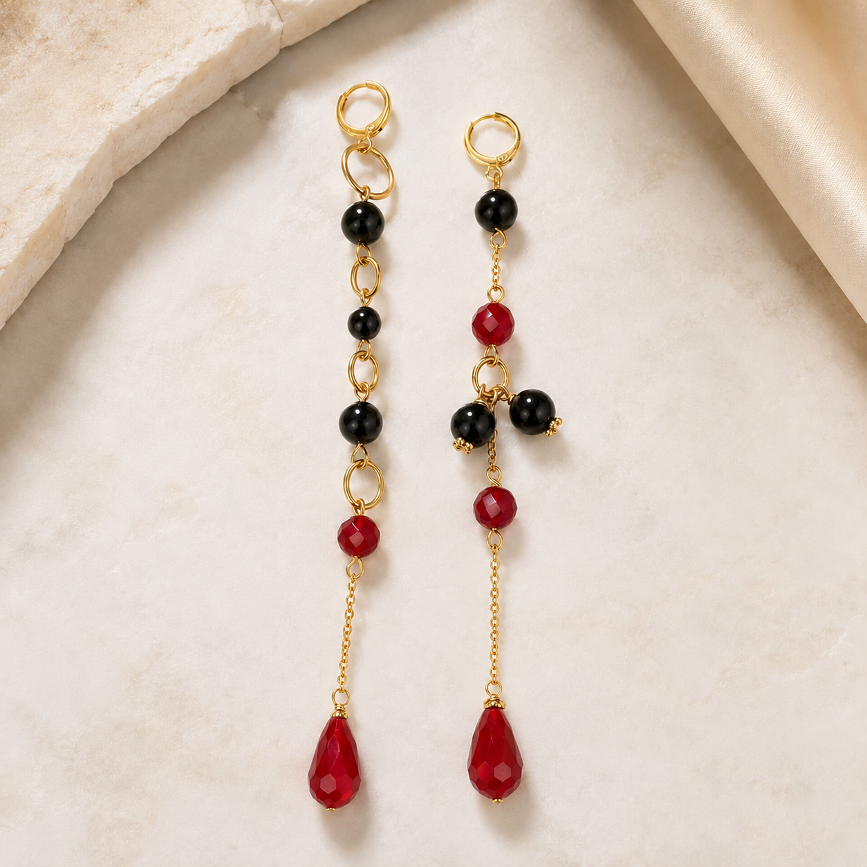 Carmen- Asymmetric Ruby & Onyx Drop Earrings