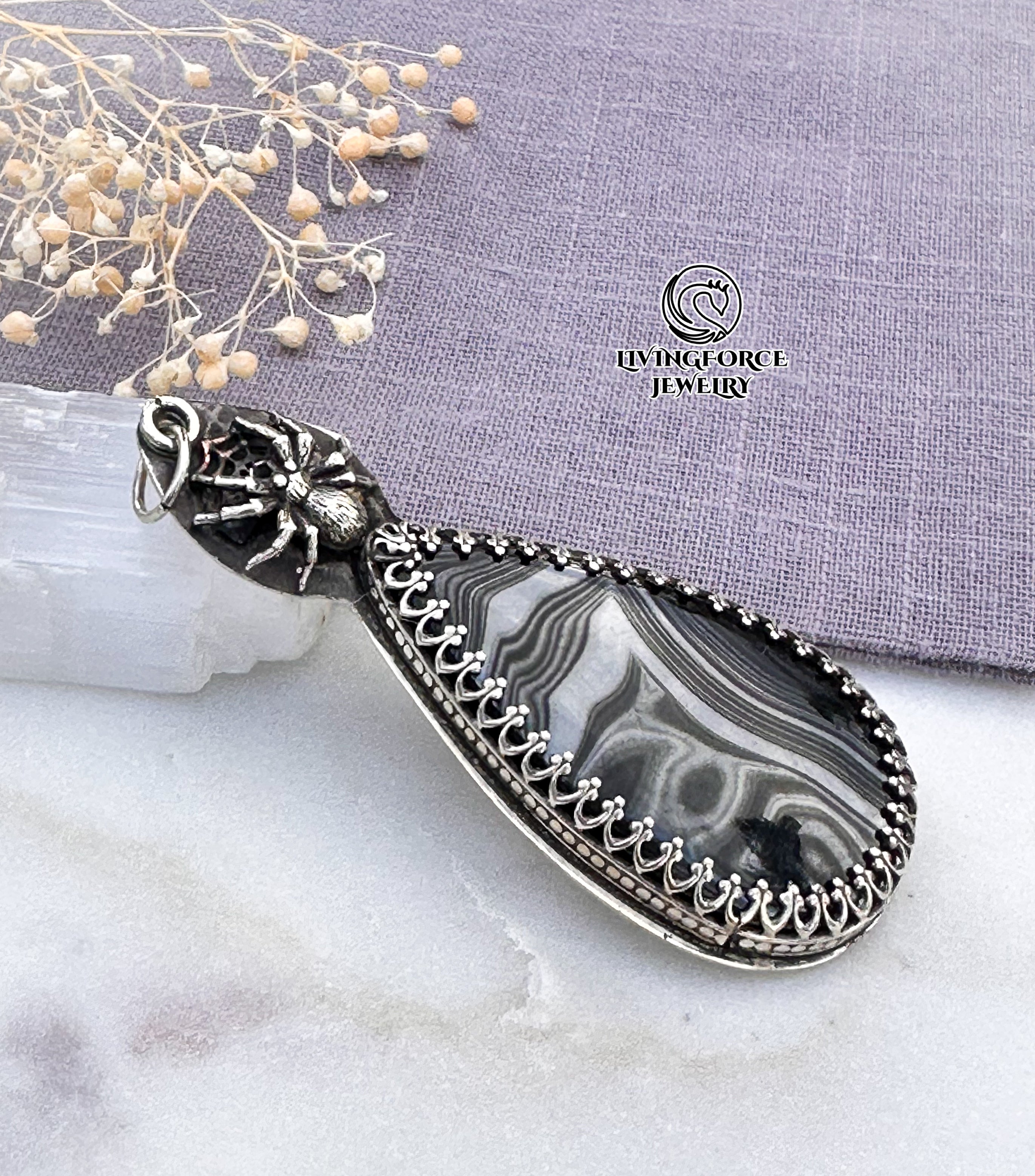 Silken Wisdom Talisman, Psilomelane in Sterling Silver Pendant