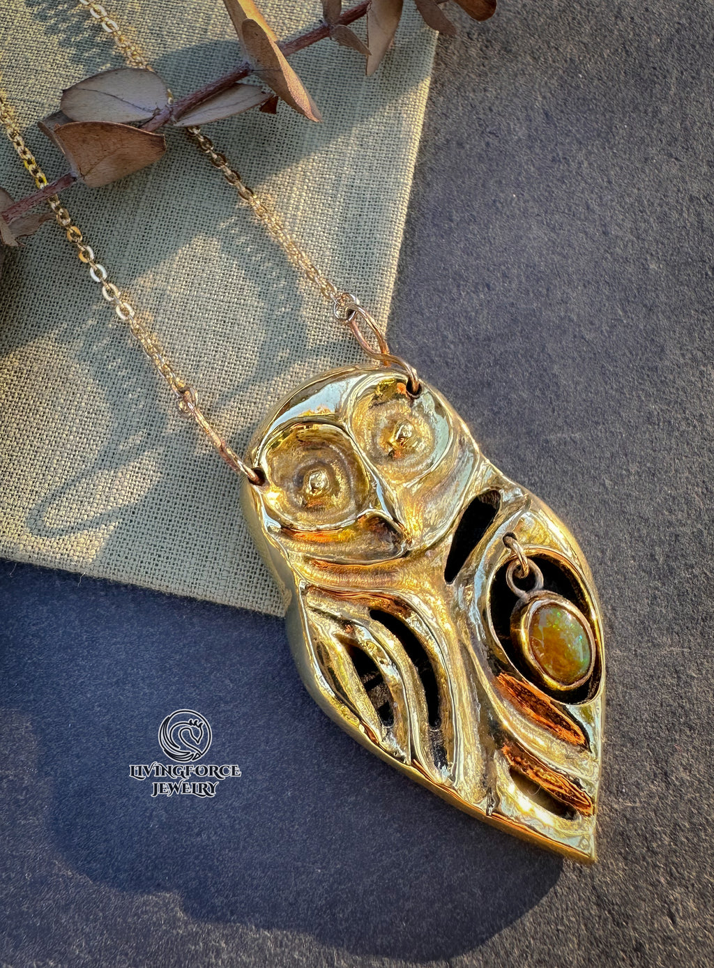 ARIOS | The Guardian of Harmony | Kinetic Brass Owl Pendant with Ethiopian Opal