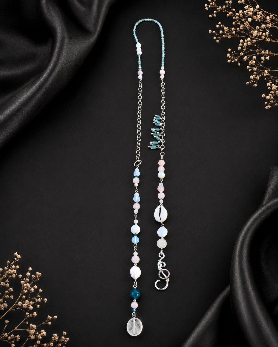 Ocean whisper — One-of-a-Kind Convertible Aquamarine, Rose Quartz and Sterling Silver Lariat