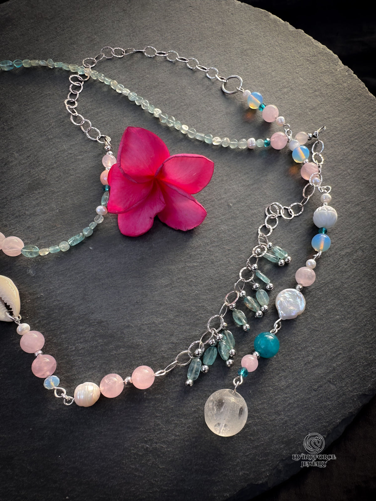 Ocean whisper — One-of-a-Kind Convertible Aquamarine, Rose Quartz and Sterling Silver Lariat