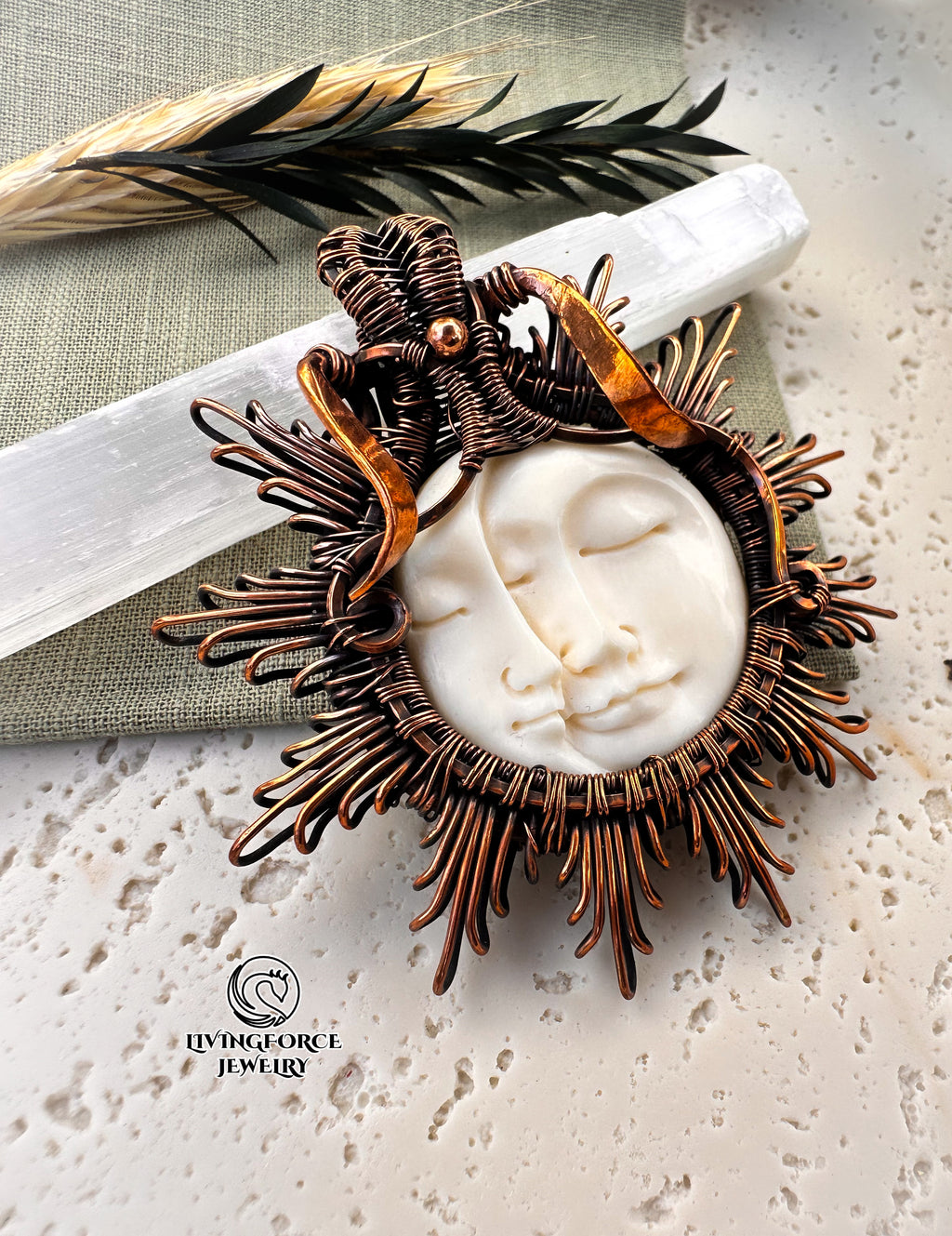 Carved Moon Pendant, Buffalo Bone Necklace