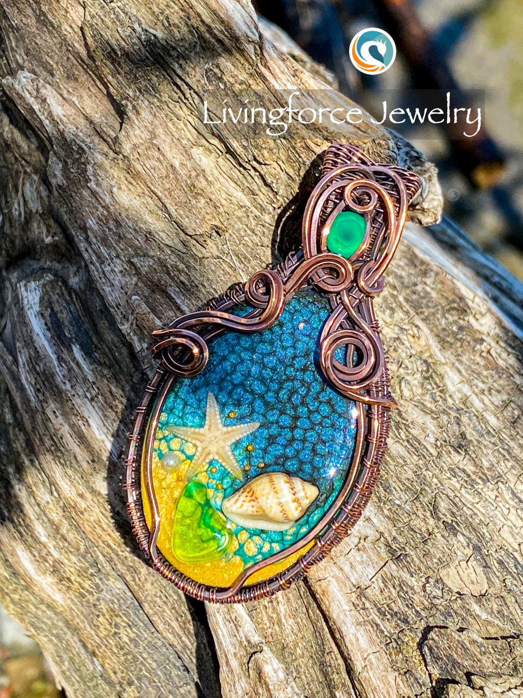 Deniz Talisman, Epoxy Resin & Green Onyx Pendant
