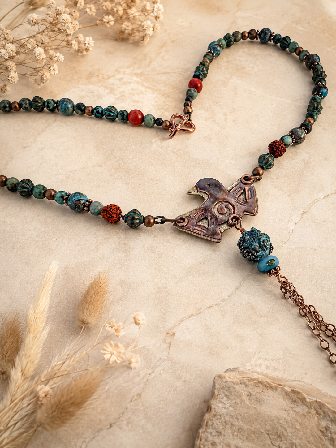 Songkeeper Talisman- Copper Bird & Green Turquoise Necklace