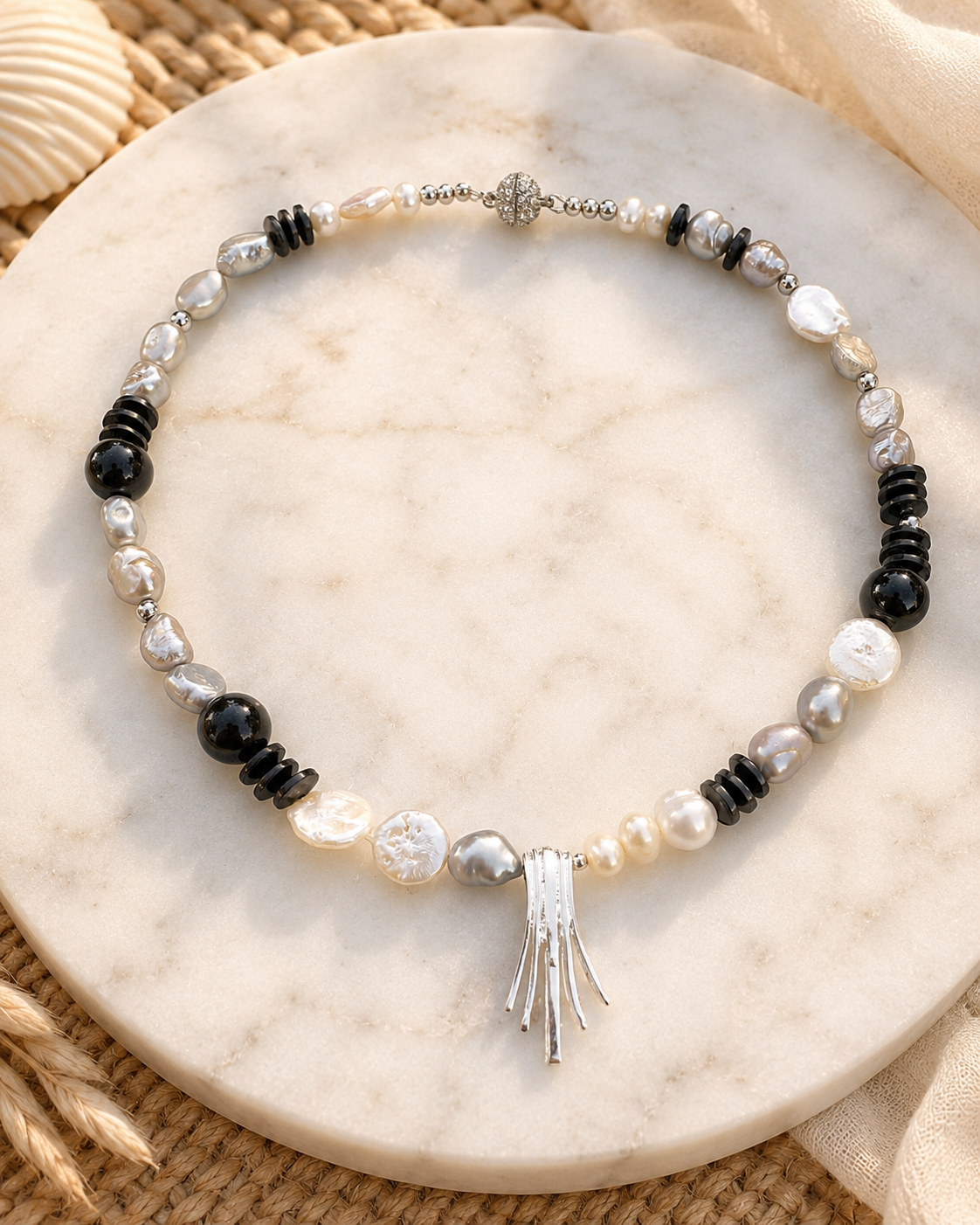 Moonlight Pearl, Hematite & Sterling Silver Necklace