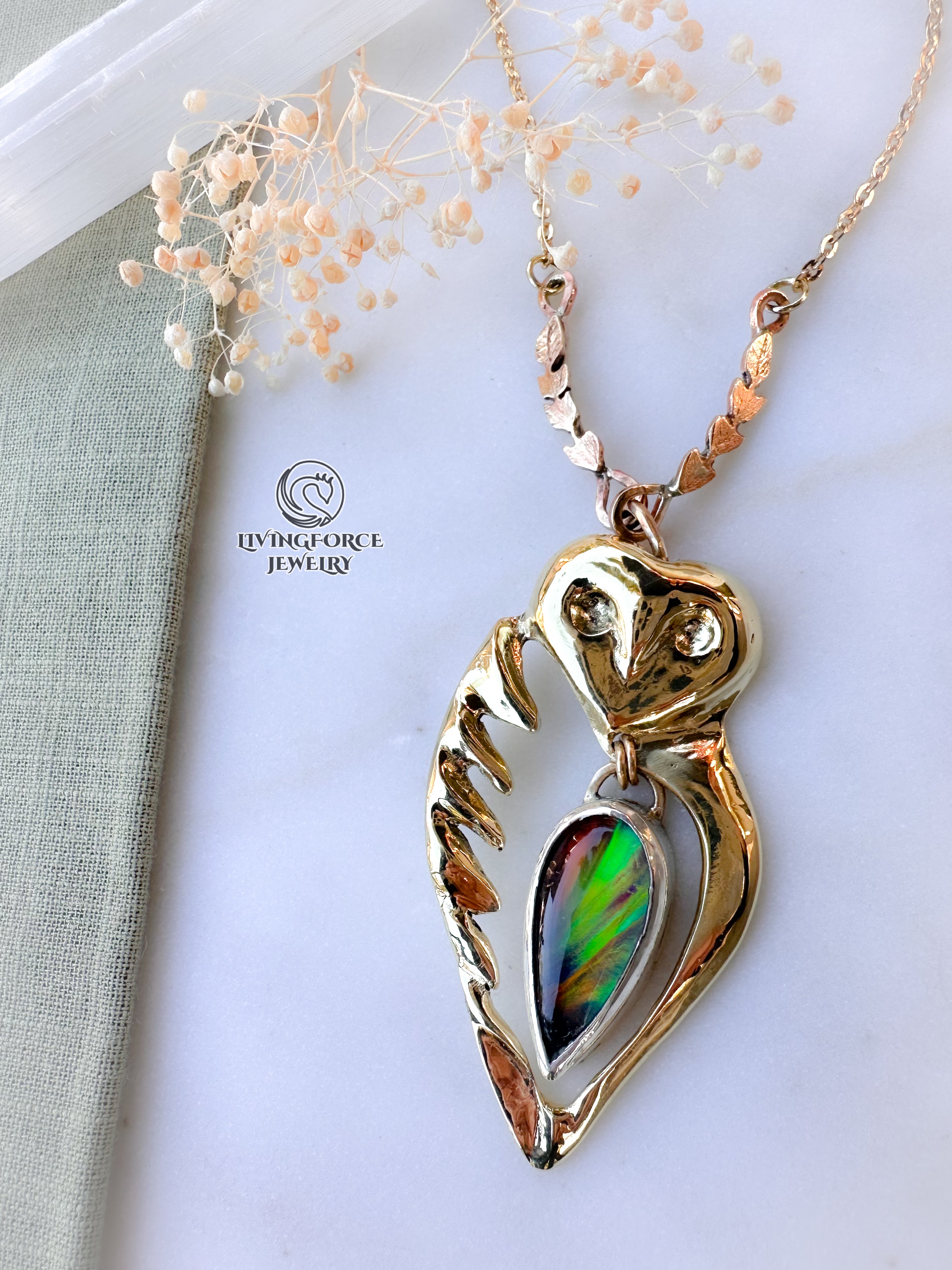 ELIA | The Guardian of Fire | Kinetic Mixed Metal Pendant with Aurora Opal