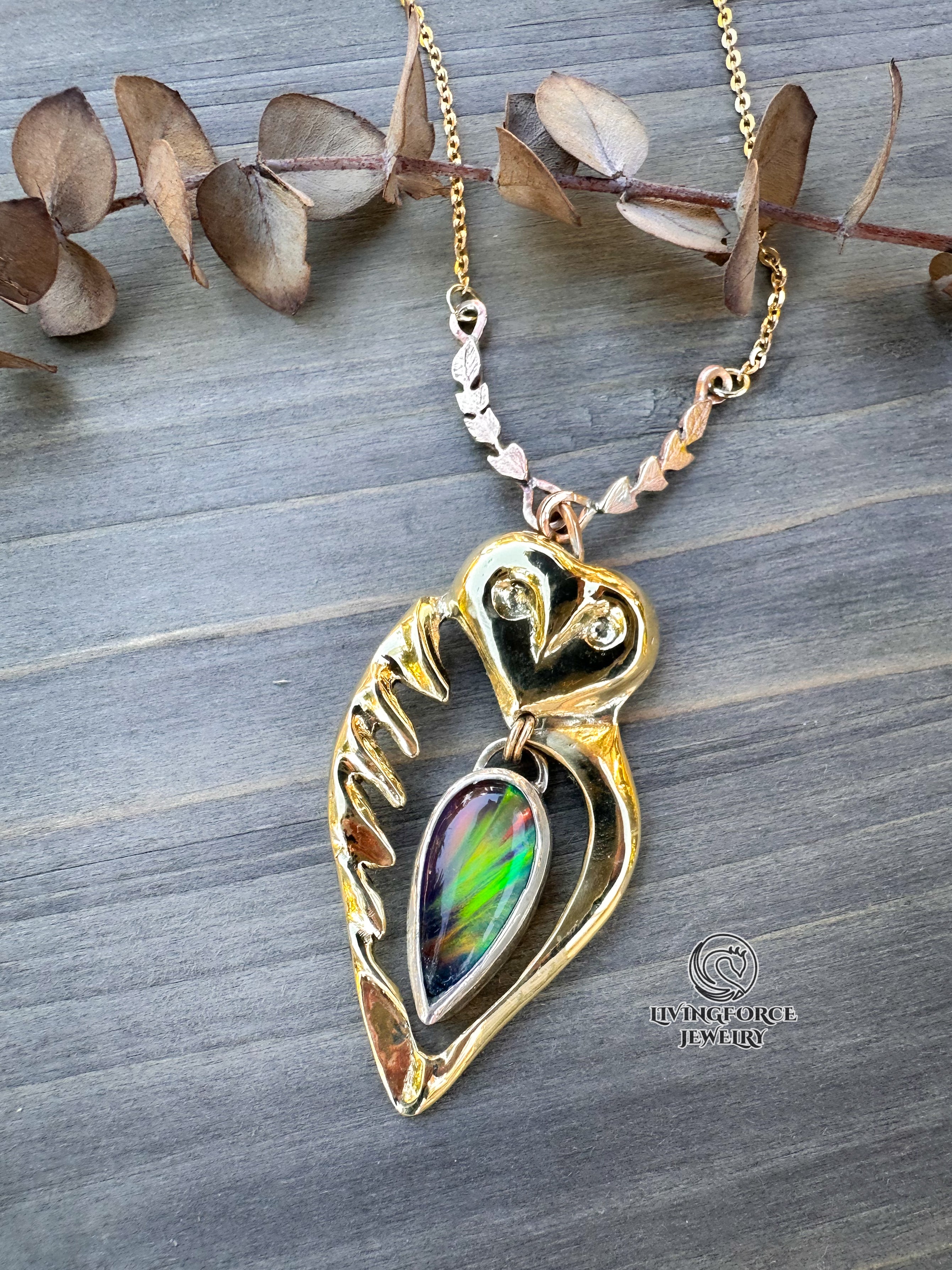 ELIA | The Guardian of Fire | Kinetic Mixed Metal Pendant with Aurora Opal