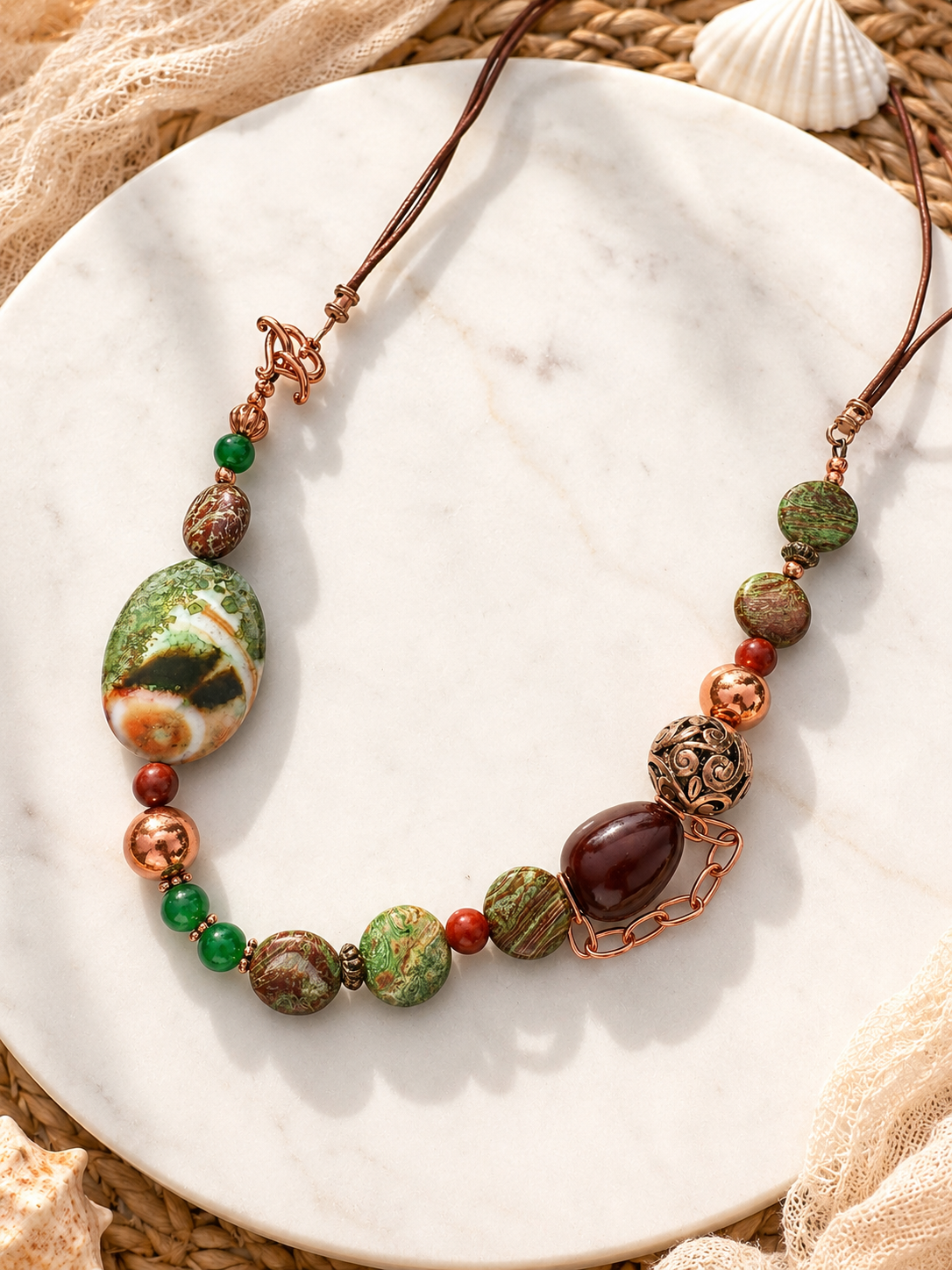 Forest Path Necklace

Jade, jasper, agate, wood, copper, and leather