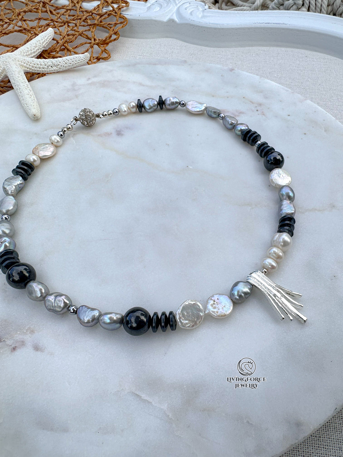 Moonlight Pearl, Hematite & Sterling Silver Necklace