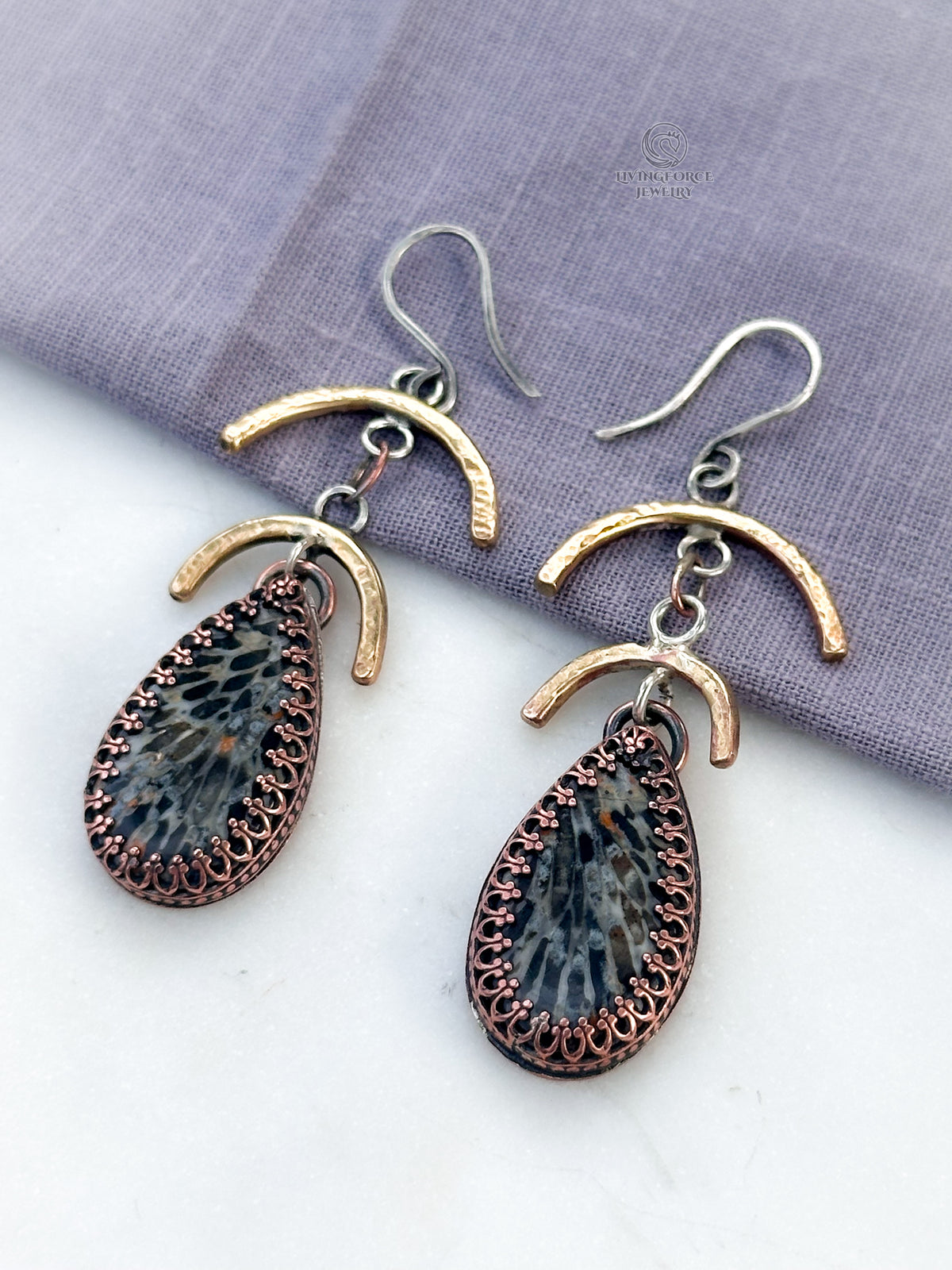 Earth Remembers Black Fossil Coral set, pendant and earrings