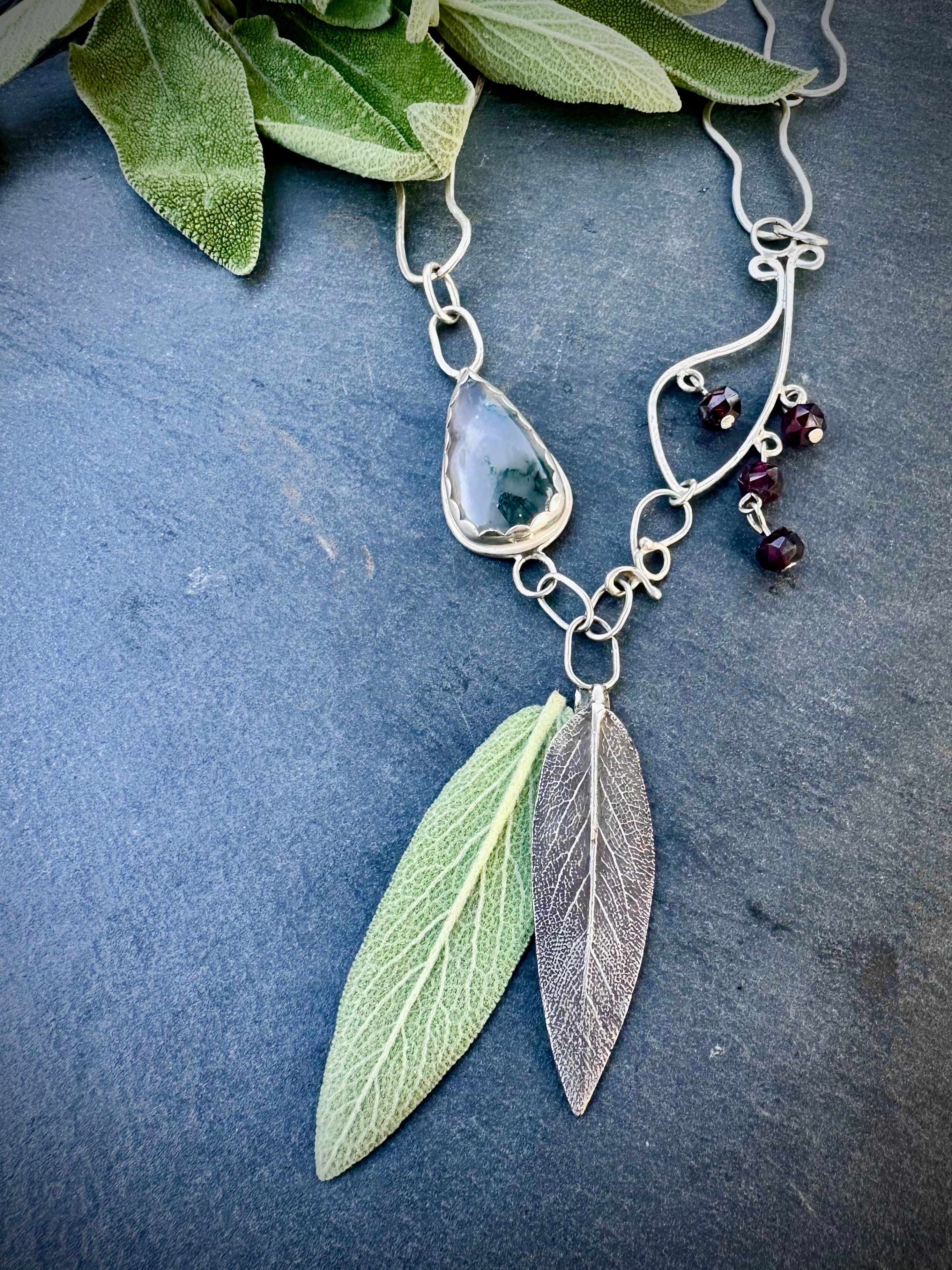 Liora Talisman, Sage Necklace, Moss agate in Silver