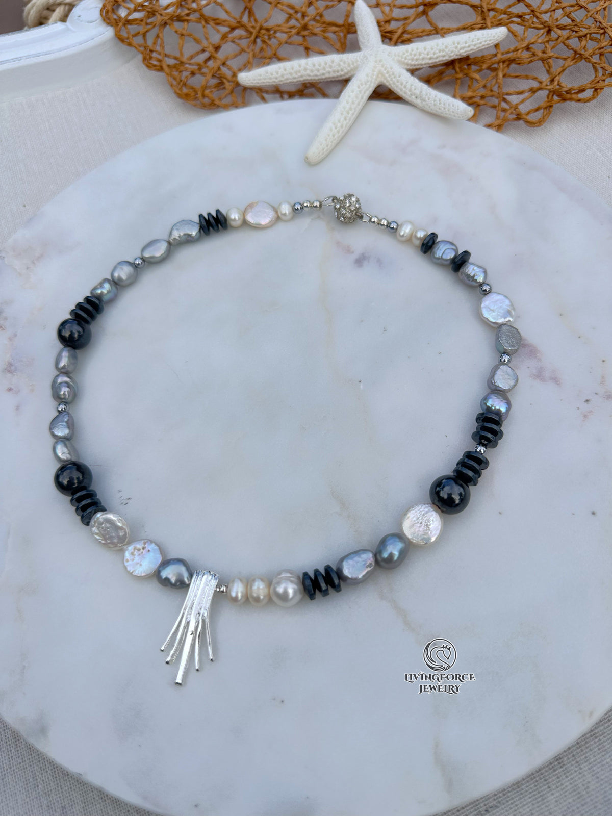 Moonlight Pearl, Hematite & Sterling Silver Necklace