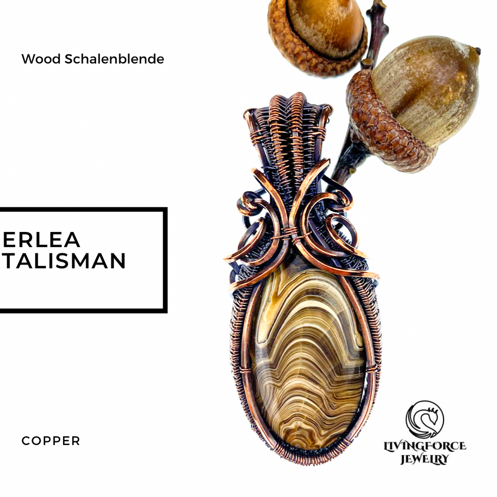 Erlea Talisman, Wood Schalenblende, Wire Wrapped Statement Pendant