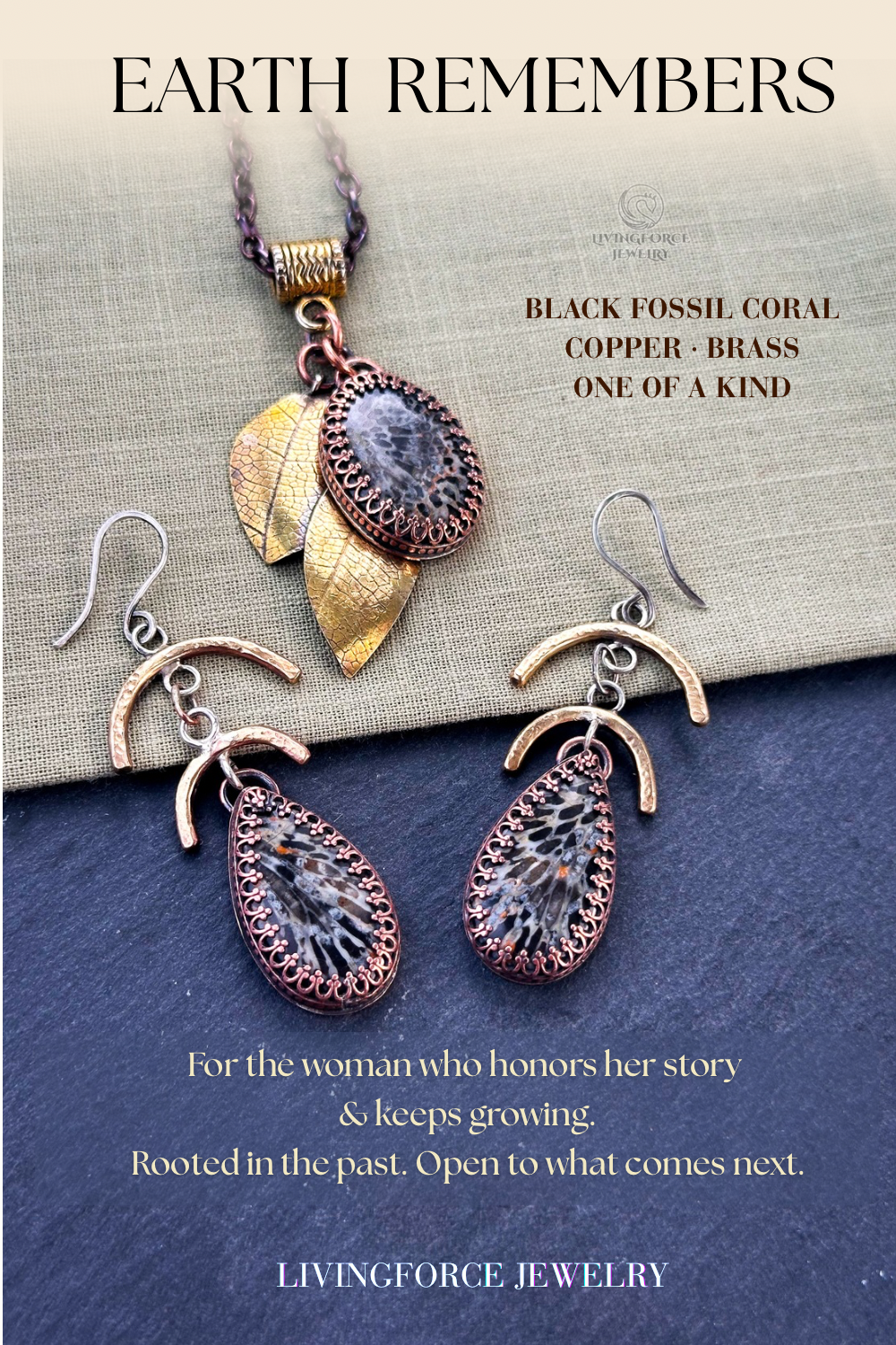 Earth Remembers Black Fossil Coral set, pendant and earrings