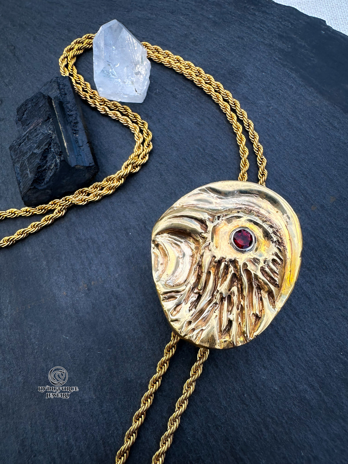 Raven’s Eye Bolo Necklace - Bronze, Brass, Sterling Silver & Garnet