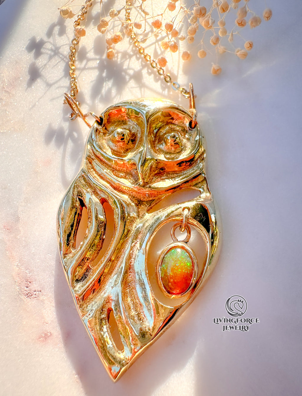 ARIOS | The Guardian of Harmony | Kinetic Brass Owl Pendant with Ethiopian Opal