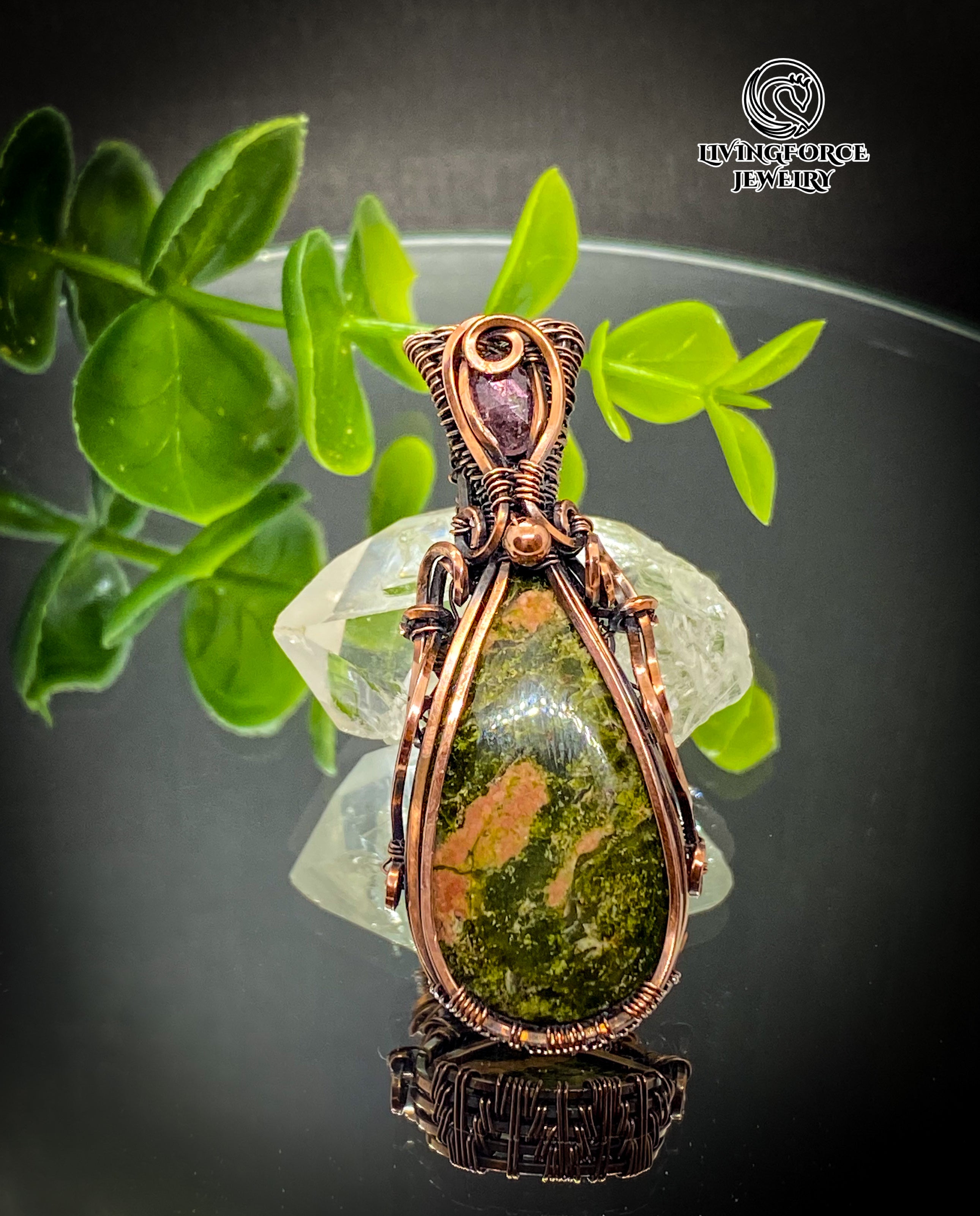 Myrtle Talisman, Unakite Pink Tourmaline Pendanr