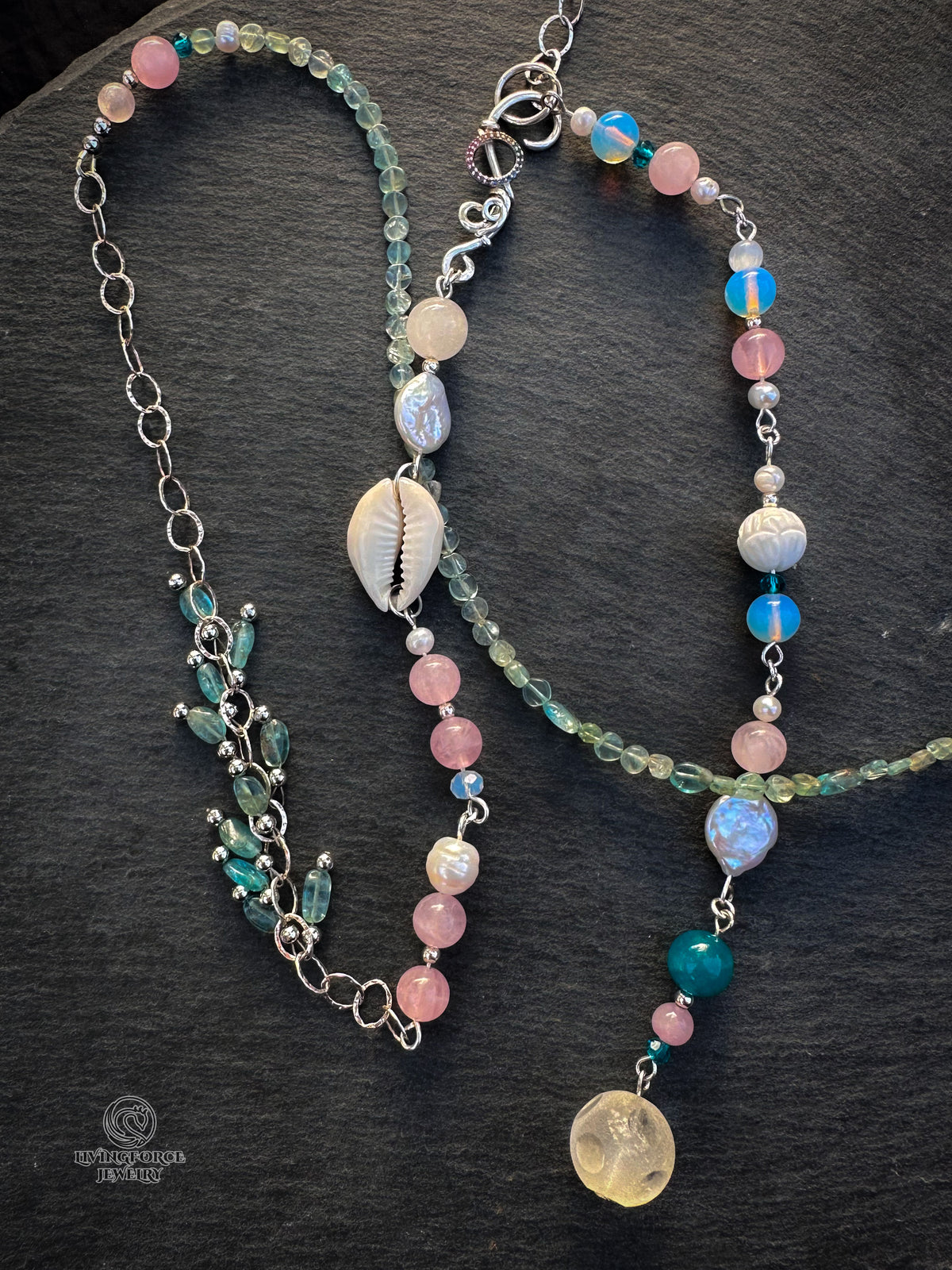 Ocean whisper — One-of-a-Kind Convertible Aquamarine, Rose Quartz and Sterling Silver Lariat