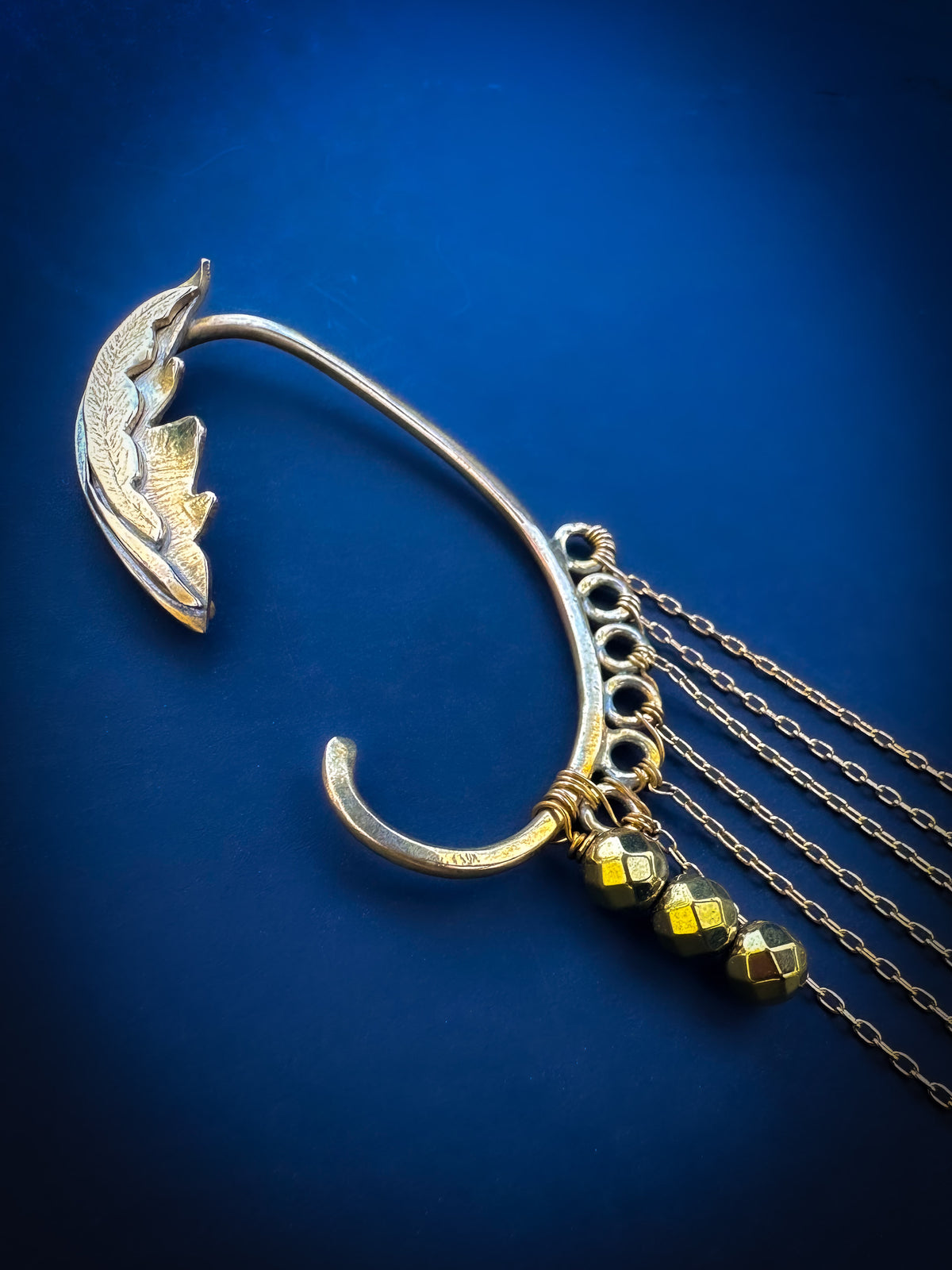 Wingfall Long Chain Ear Cuff with Hematite | Livingforce Jewelry